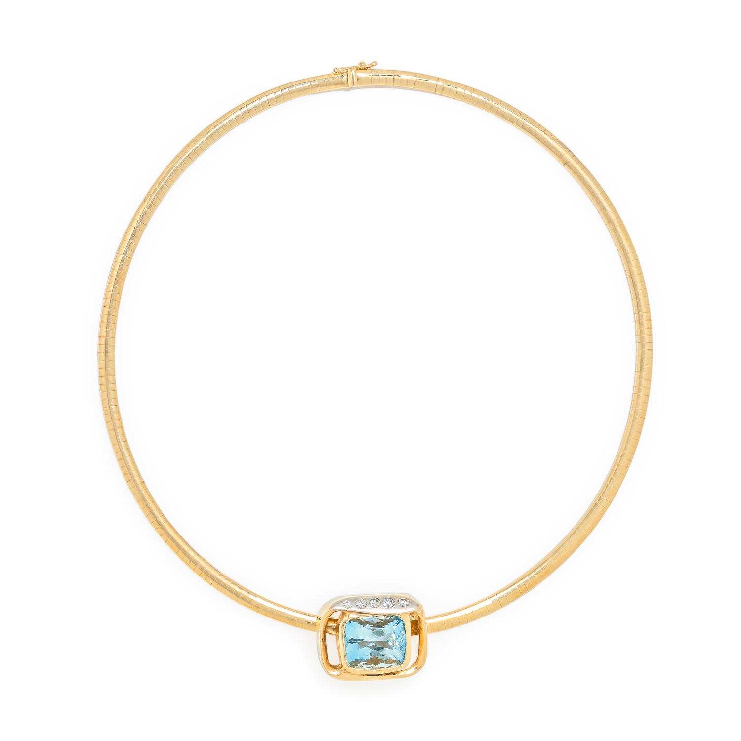 AQUAMARINE AND DIAMOND PENDANT AND YELLOW GOLD OMEGA CHAIN