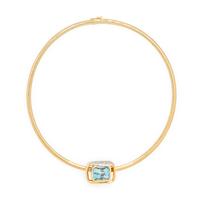 AQUAMARINE AND DIAMOND PENDANT AND YELLOW GOLD OMEGA CHAIN