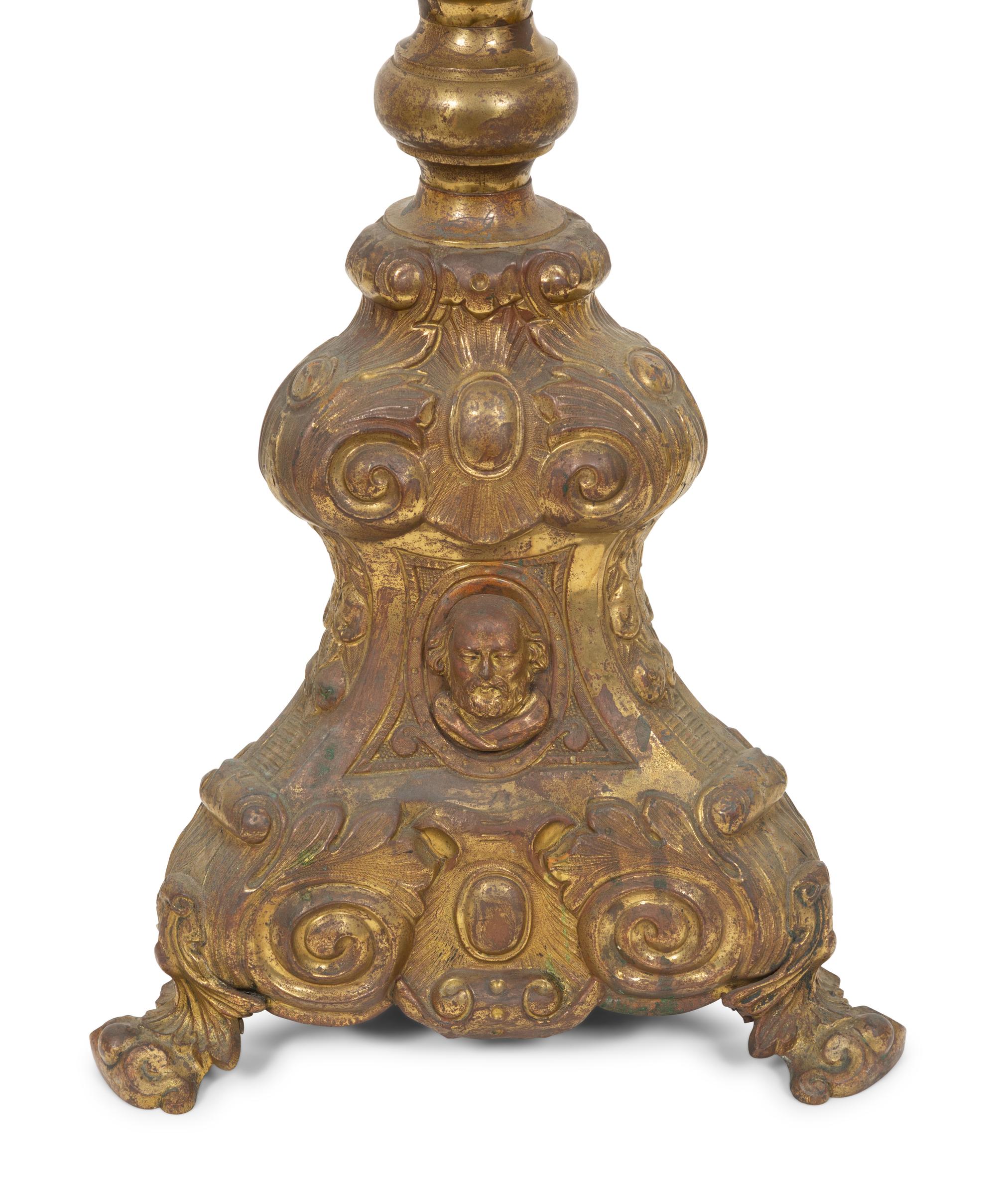 A Continental Chased Brass Pricket-Style Table Lamp