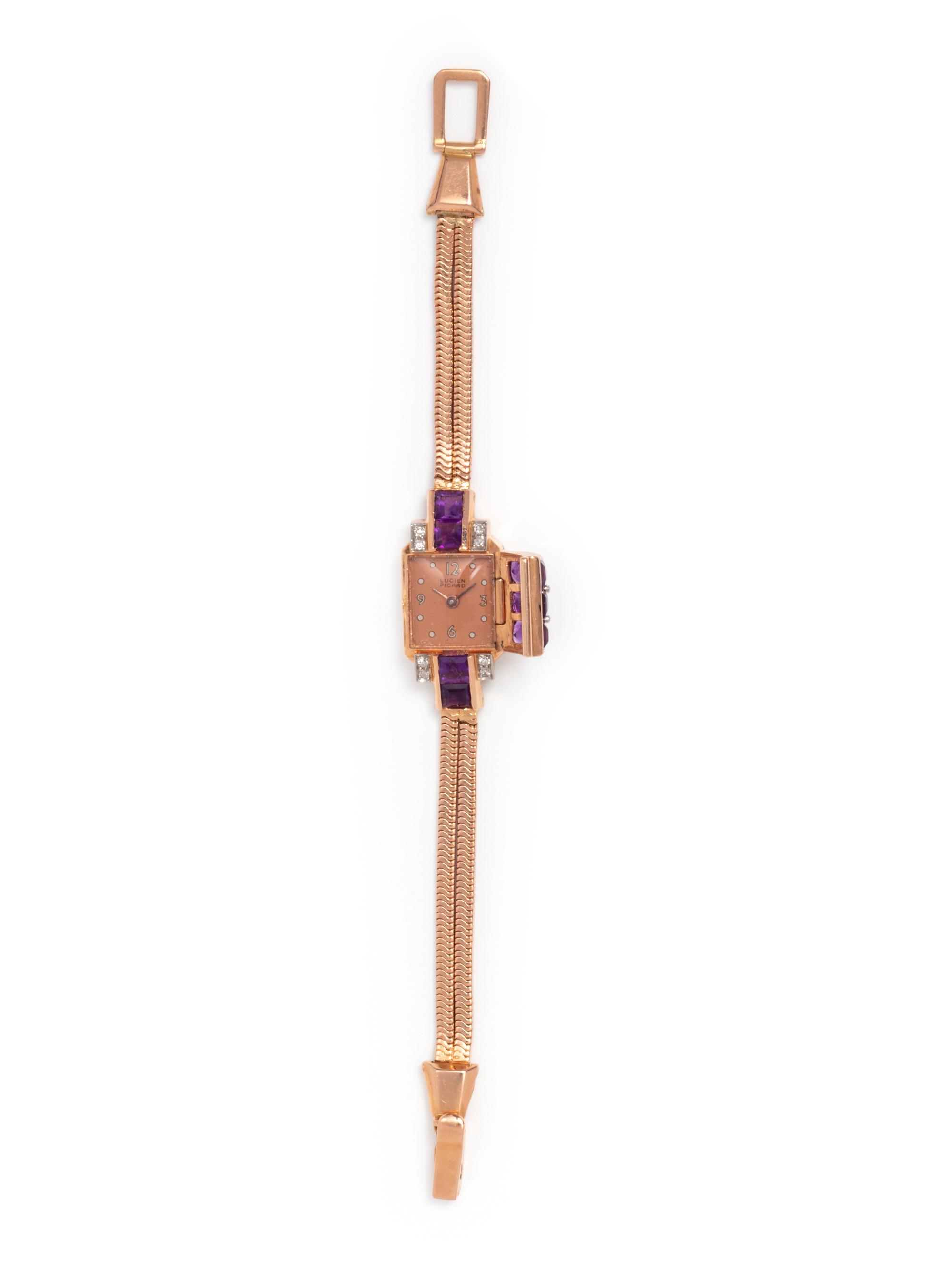 14K ROSE GOLD, AMETHYST AND DIAMOND SURPRISE WRISTWATCH