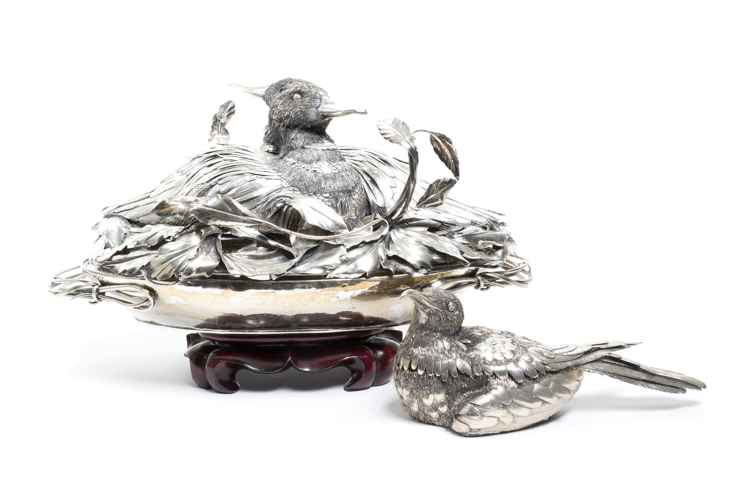 Two Silvered Centerpiece Figures, in the manner of Buccelatti First height 10 x width 21 x depth 12 inches.