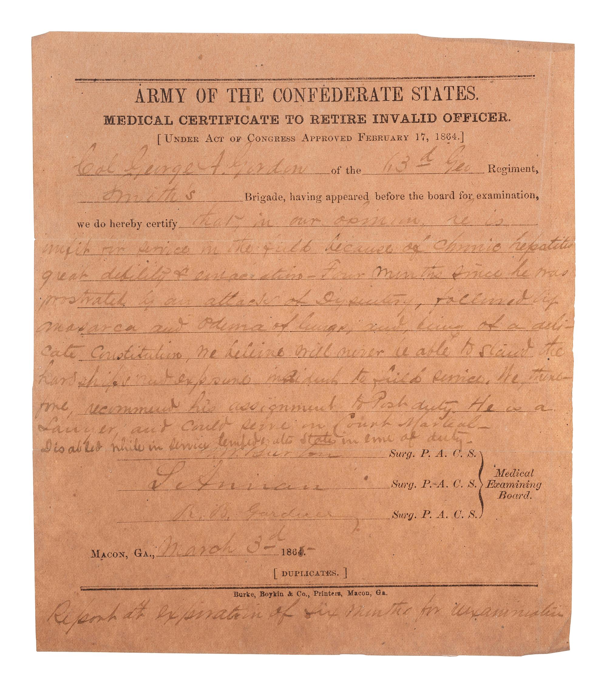 [CIVIL WAR]. A group of 4 items related to Colonel George A. Gordon, 1st and 63rd Georgia Infantry, comprising: