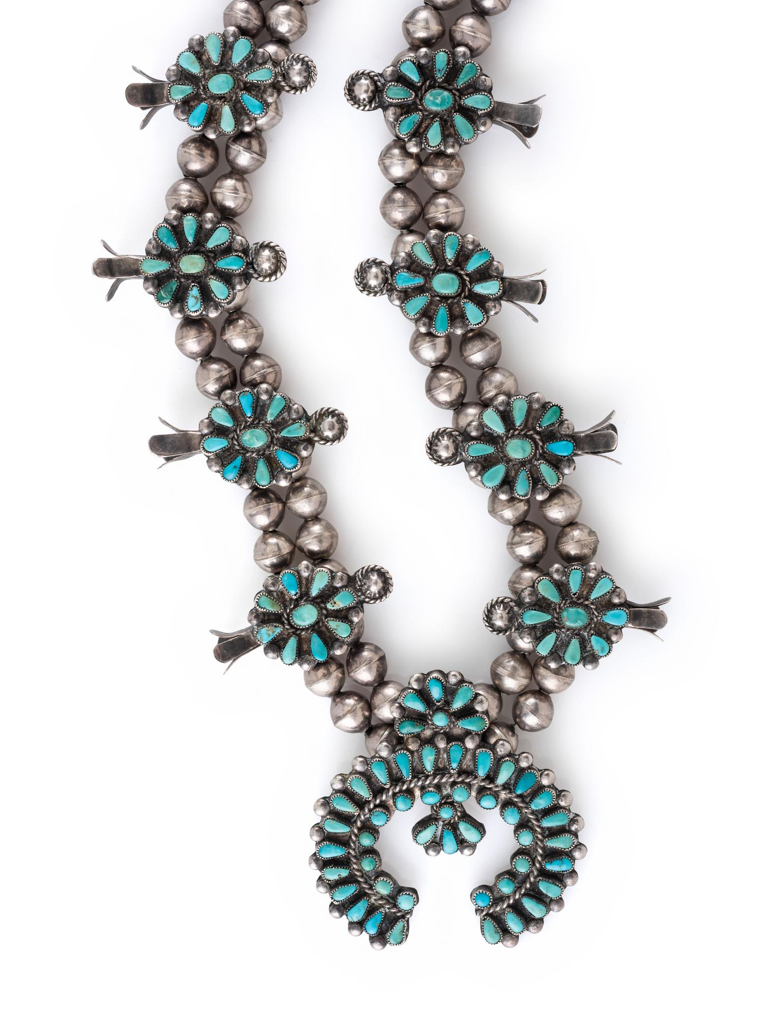 Petite Navajo or Zuni Turquoise Cluster Squash Blossom Necklace