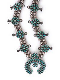 Petite Navajo or Zuni Turquoise Cluster Squash Blossom Necklace