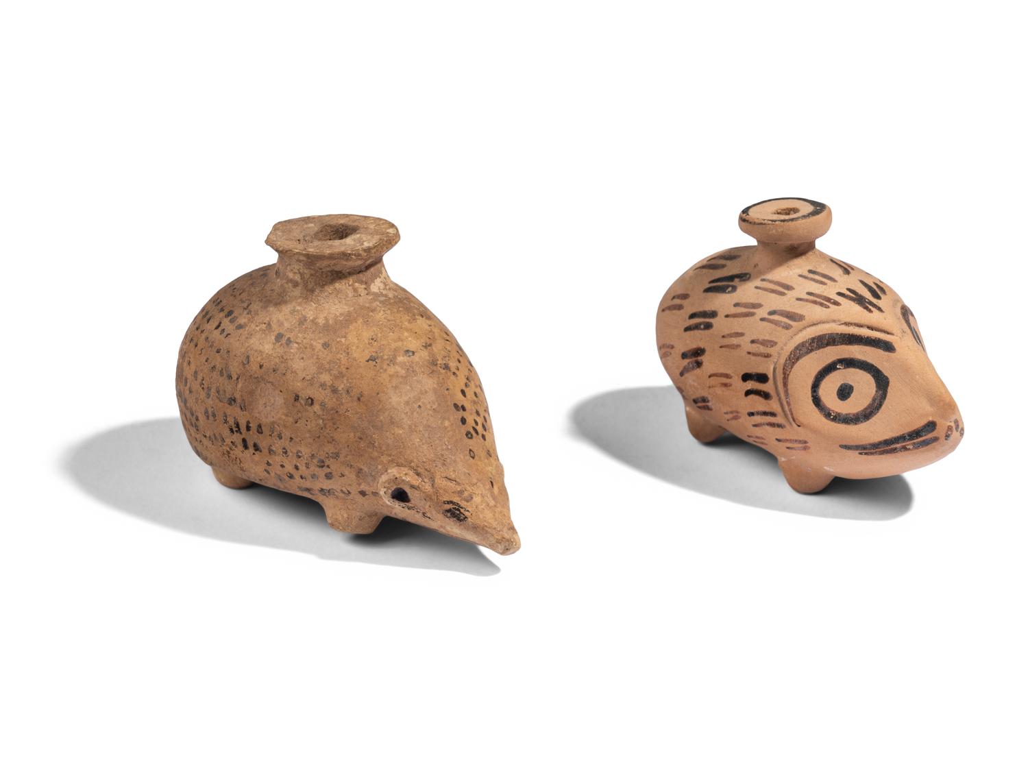 Two Greek Pottery Aryballoi in the form of Hedgehogs
