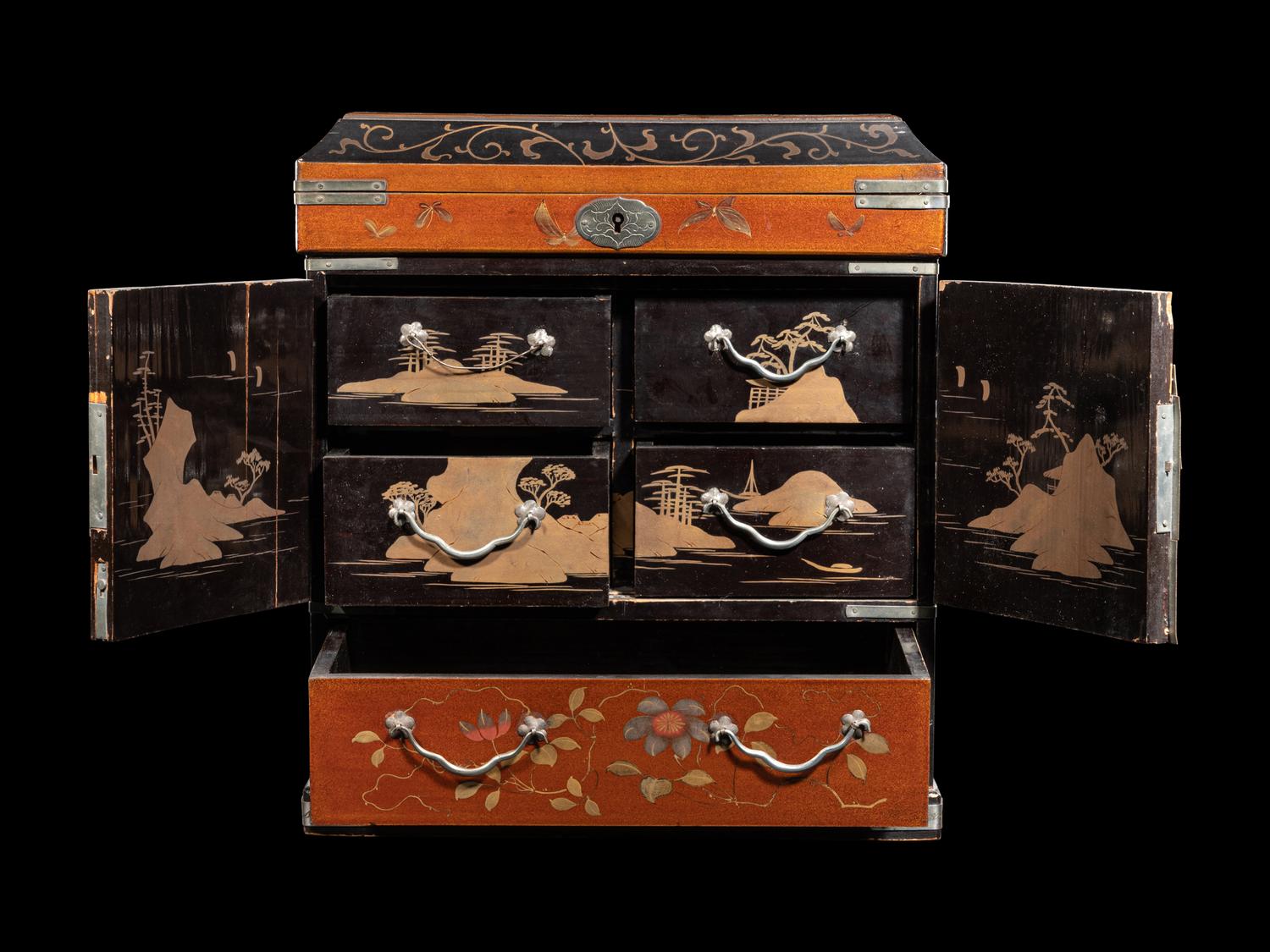 Three Japanese Lacquered and Metal Mounted Storage Boxes