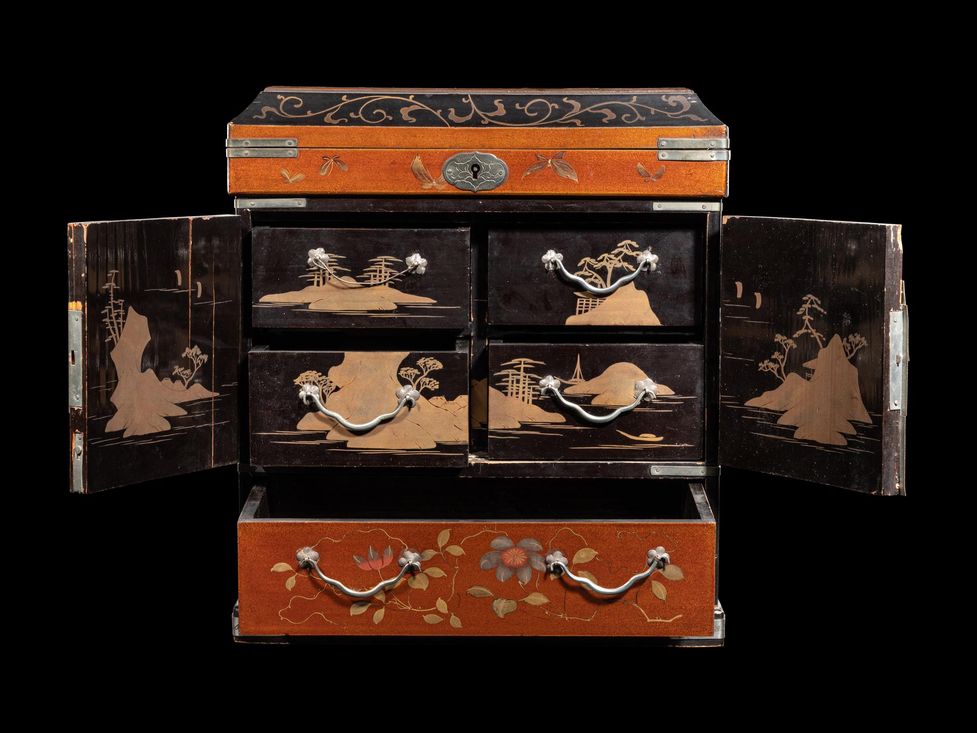 Three Japanese Lacquered and Metal Mounted Storage Boxes
