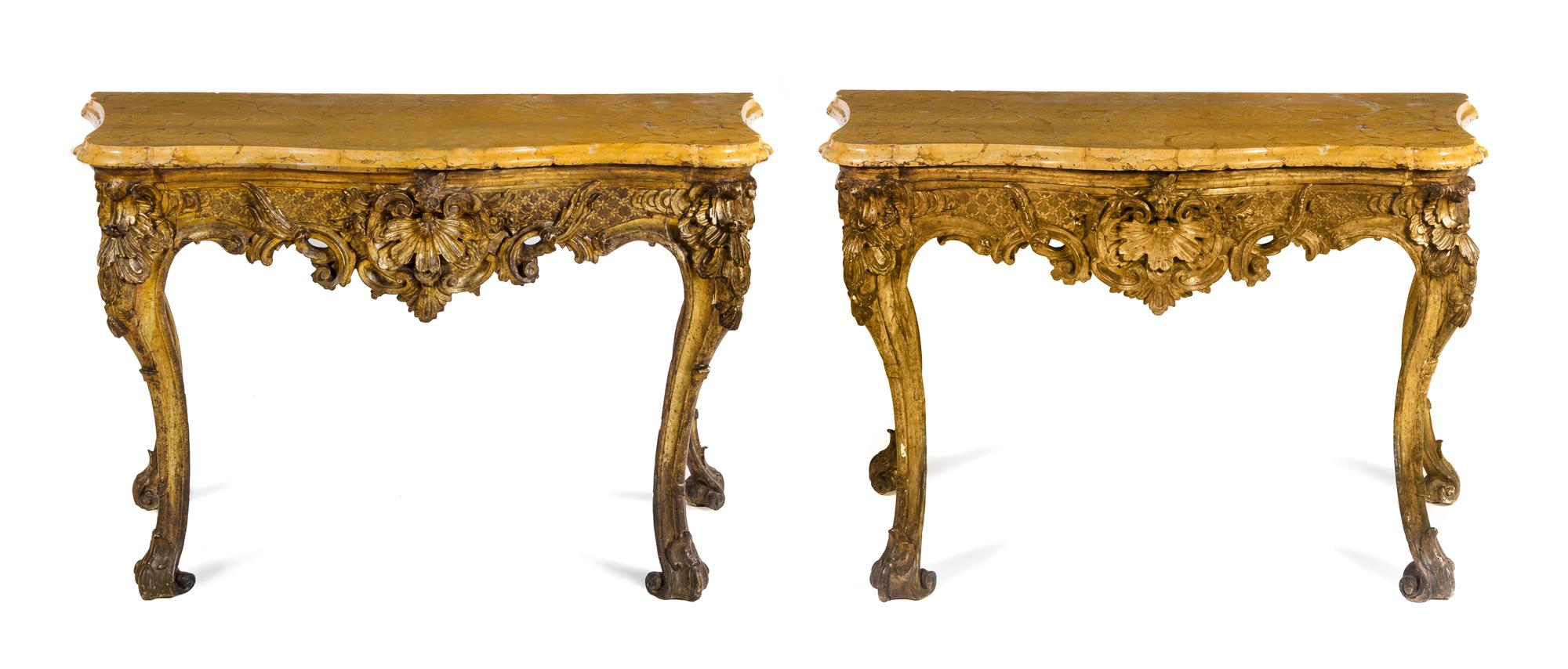 A Pair of Rococo Style Giltwood Console Tables Height 37 x width 58 x depth 26 inches. — 18TH CENTURY