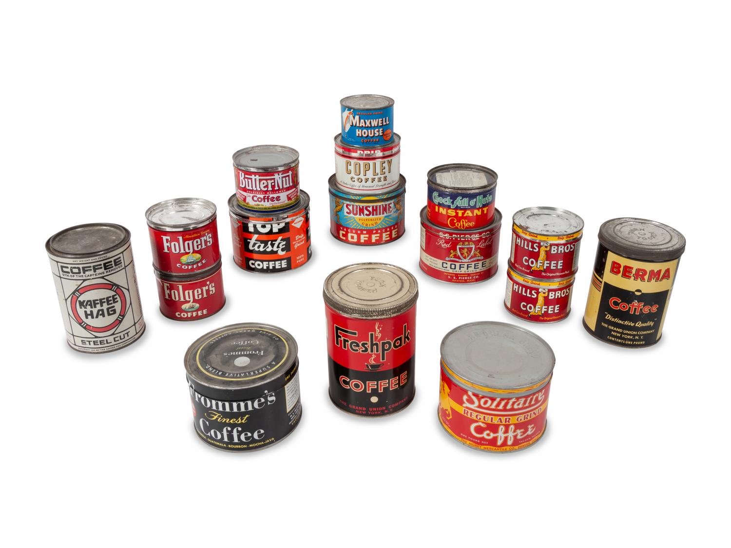 A Large Group of Country Store Advertising Coffee Tins