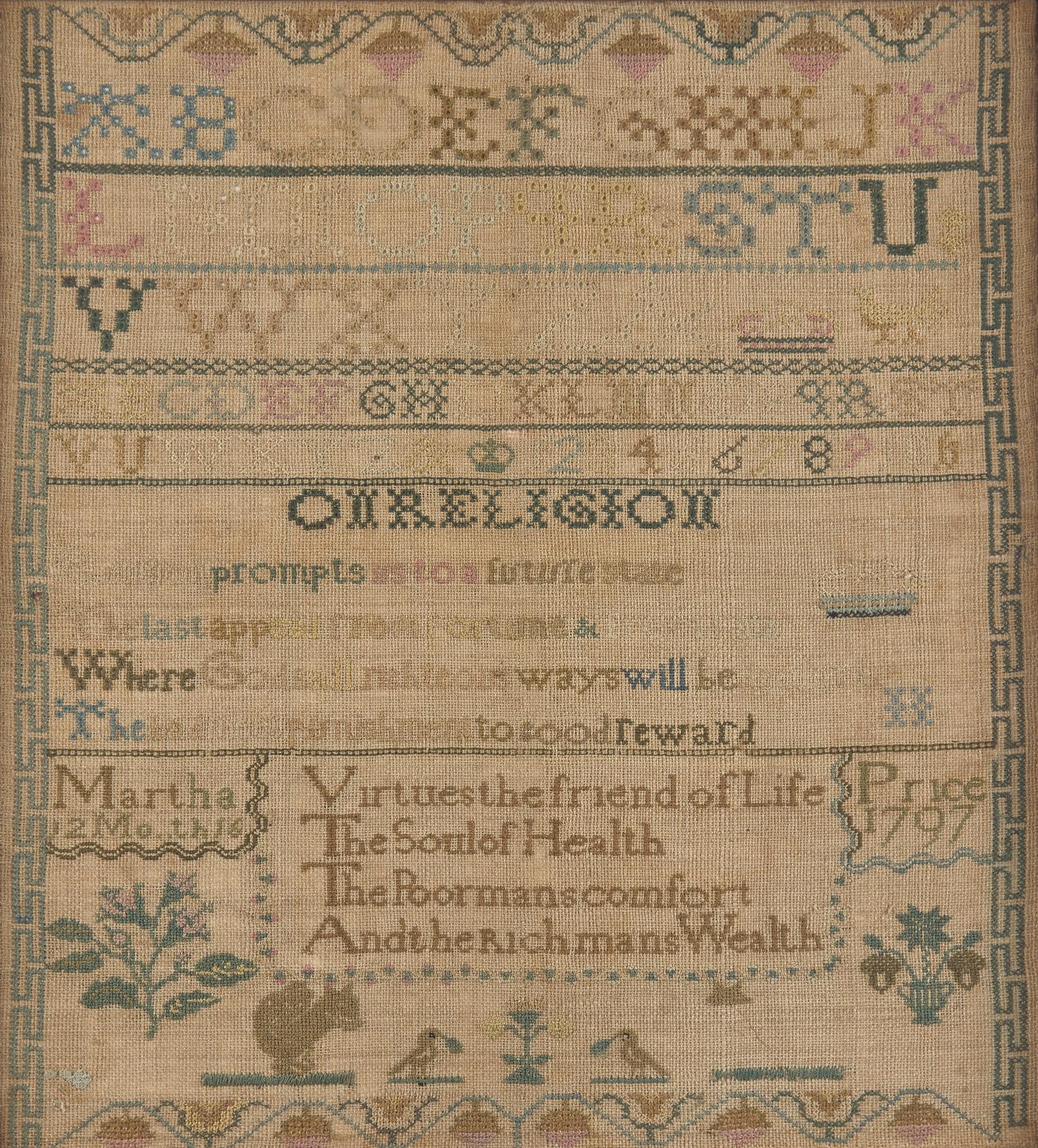 A Needlework Sampler, Worked by Martha Price, Philadelphia, PA, Dated "1797"