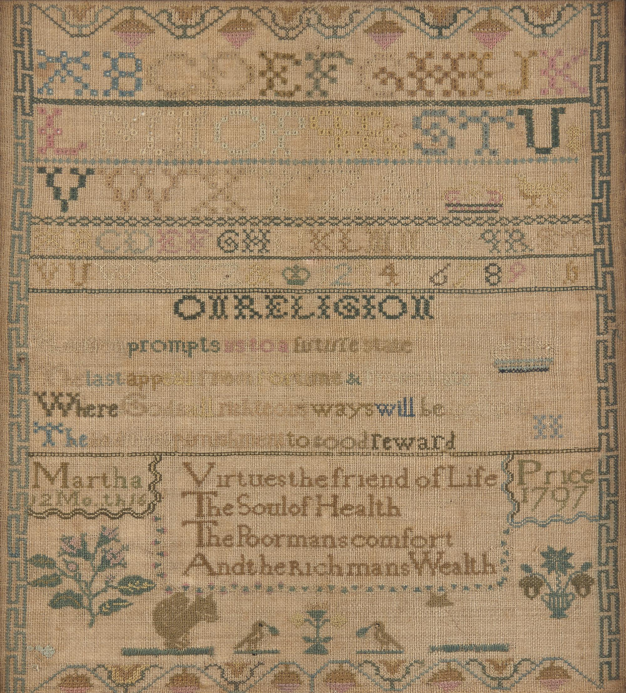 A Needlework Sampler, Worked by Martha Price, Philadelphia, PA, Dated "1797"