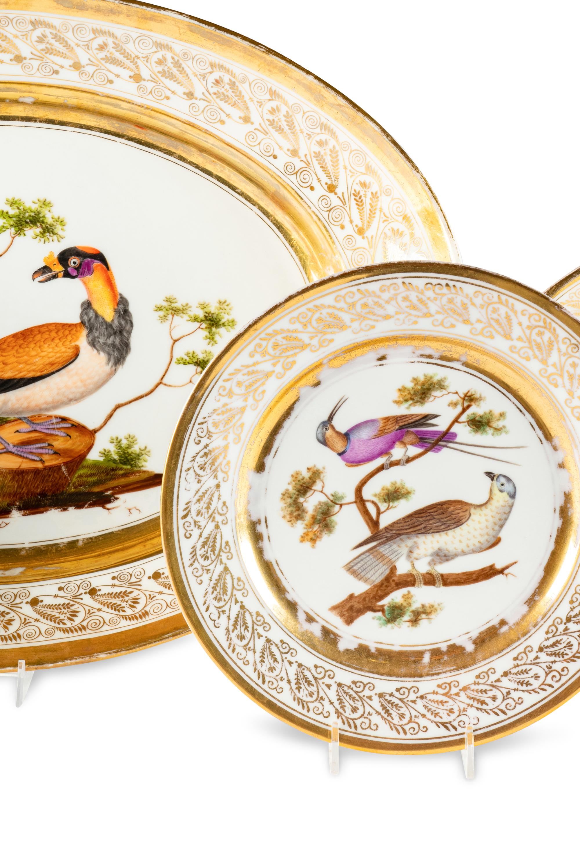 French Painted and Parcel Gilt Porcelain Bird Service