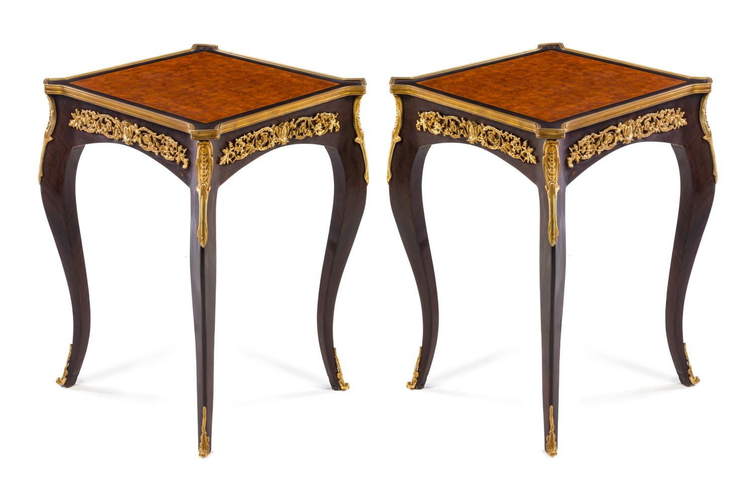 A Pair of Louis XV Style Gilt Bronze Mounted Tables Height 28 3/4 x width 20 1/2 x depth 20 1/2 inches. — 20TH CENTURY