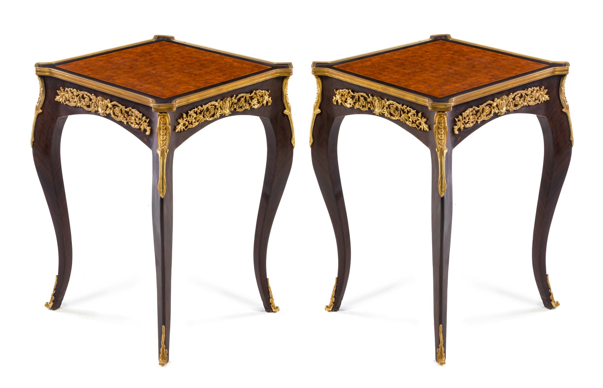 A Pair of Louis XV Style Gilt Bronze Mounted Tables Height 28 3/4 x width 20 1/2 x depth 20 1/2 inches. — 20TH CENTURY