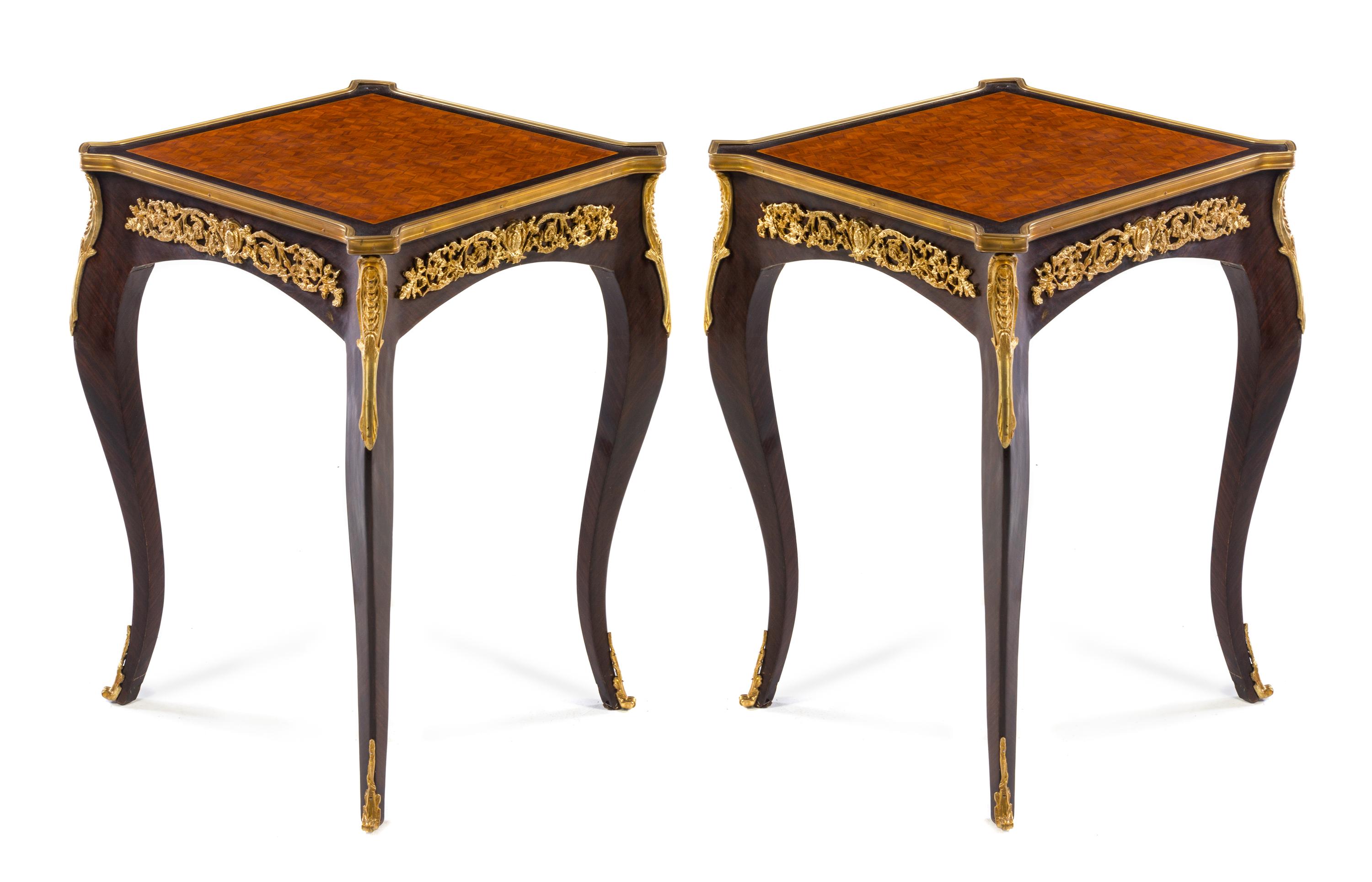 A Pair of Louis XV Style Gilt Bronze Mounted Tables Height 28 3/4 x width 20 1/2 x depth 20 1/2 inches. — 20TH CENTURY