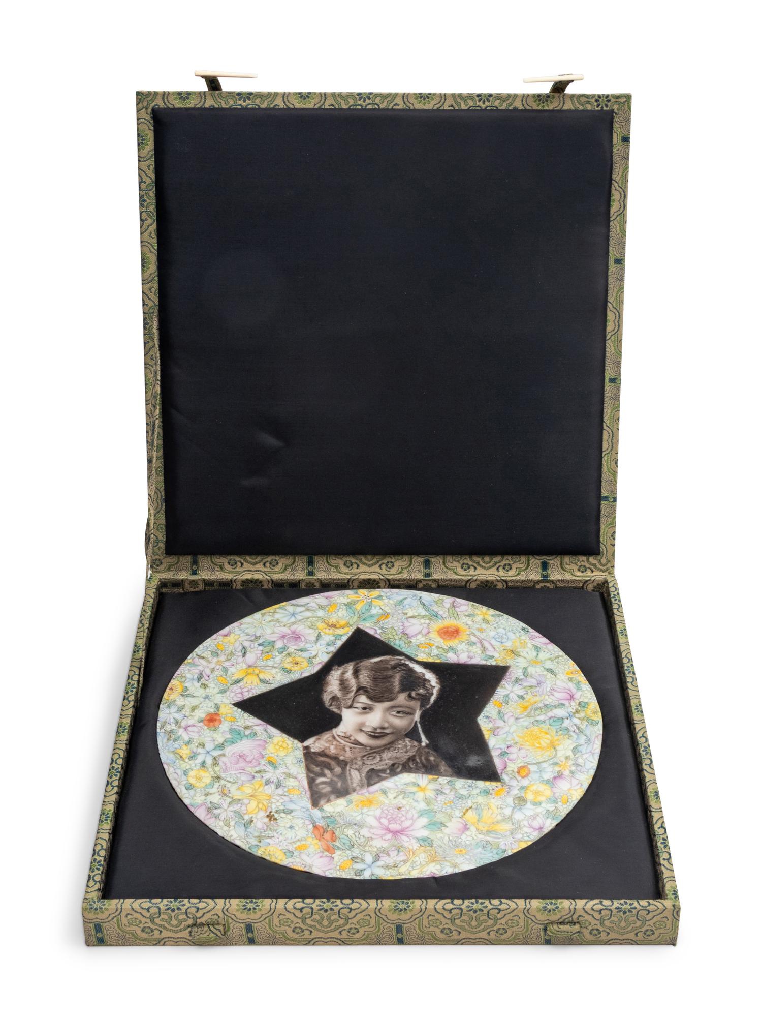 A Rare Chinese Black Enameled and Famille Rose Porcelain Circular 'Portrait' Plaque