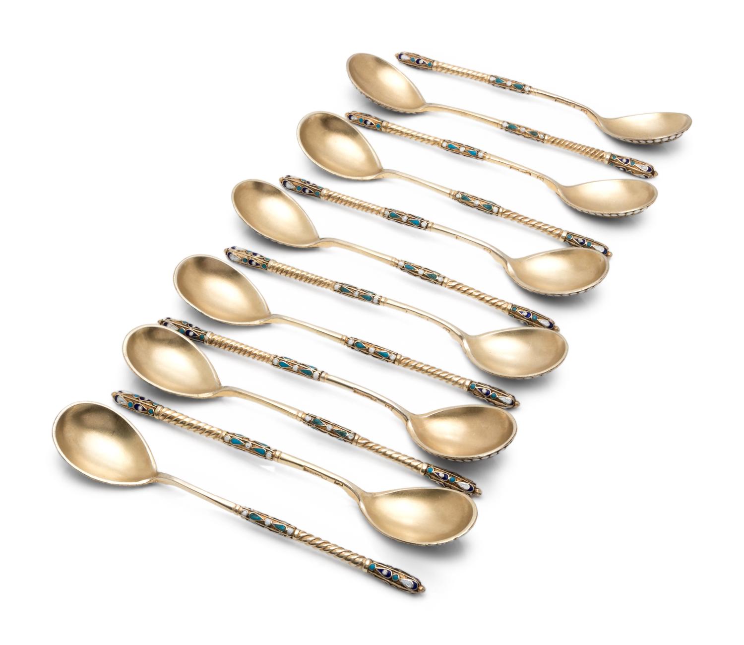 A Set of Twelve Russian Silver-Gilt and Enamel Teaspoons