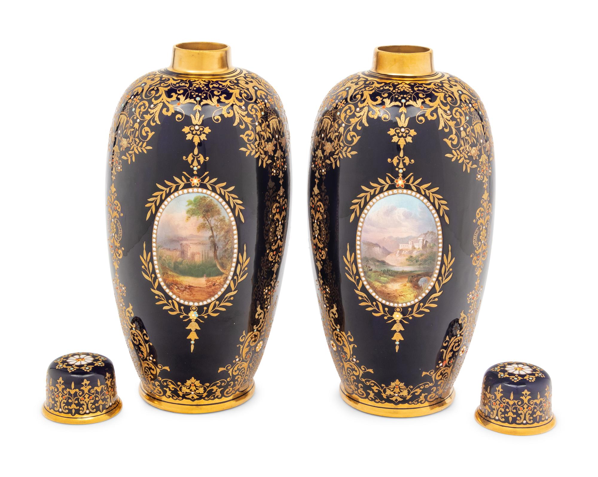 A Pair of Coalport Porcelain Covered Vases