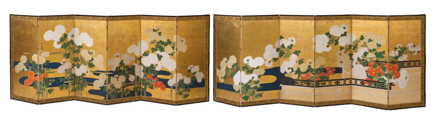 Two Japanese Six-Fold Screens Height of each panel 40 x width 17 inches. — EDO PERIOD, CIRCA 1800
