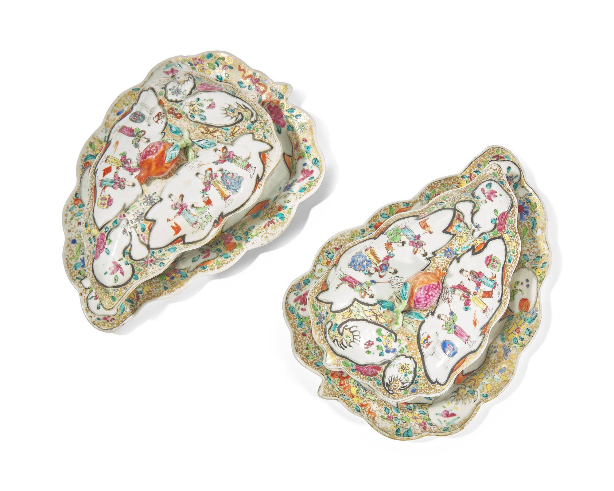 A Rare Pair of Chinese Export Porcelain Famille Rose Leaf-Form Covered Sauce Tureens And Underplates