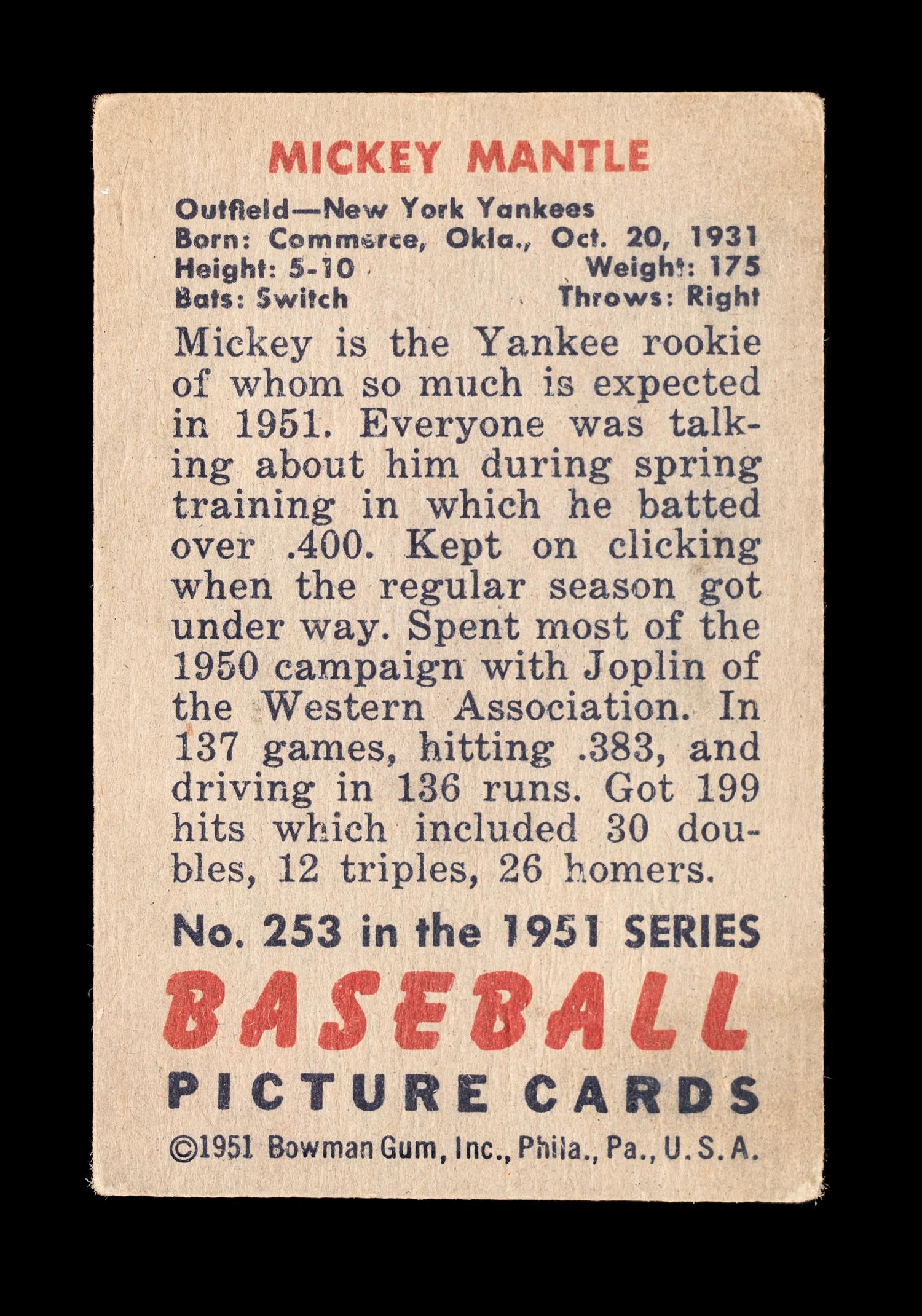 A 1951 Bowman Mickey Mantle Rookie Baseball Card No. 253 (SGC 2 GOOD)