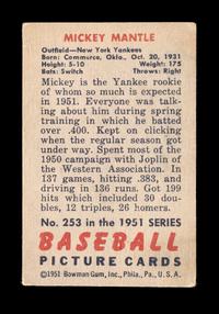 A 1951 Bowman Mickey Mantle Rookie Baseball Card No. 253 (SGC 2 GOOD)