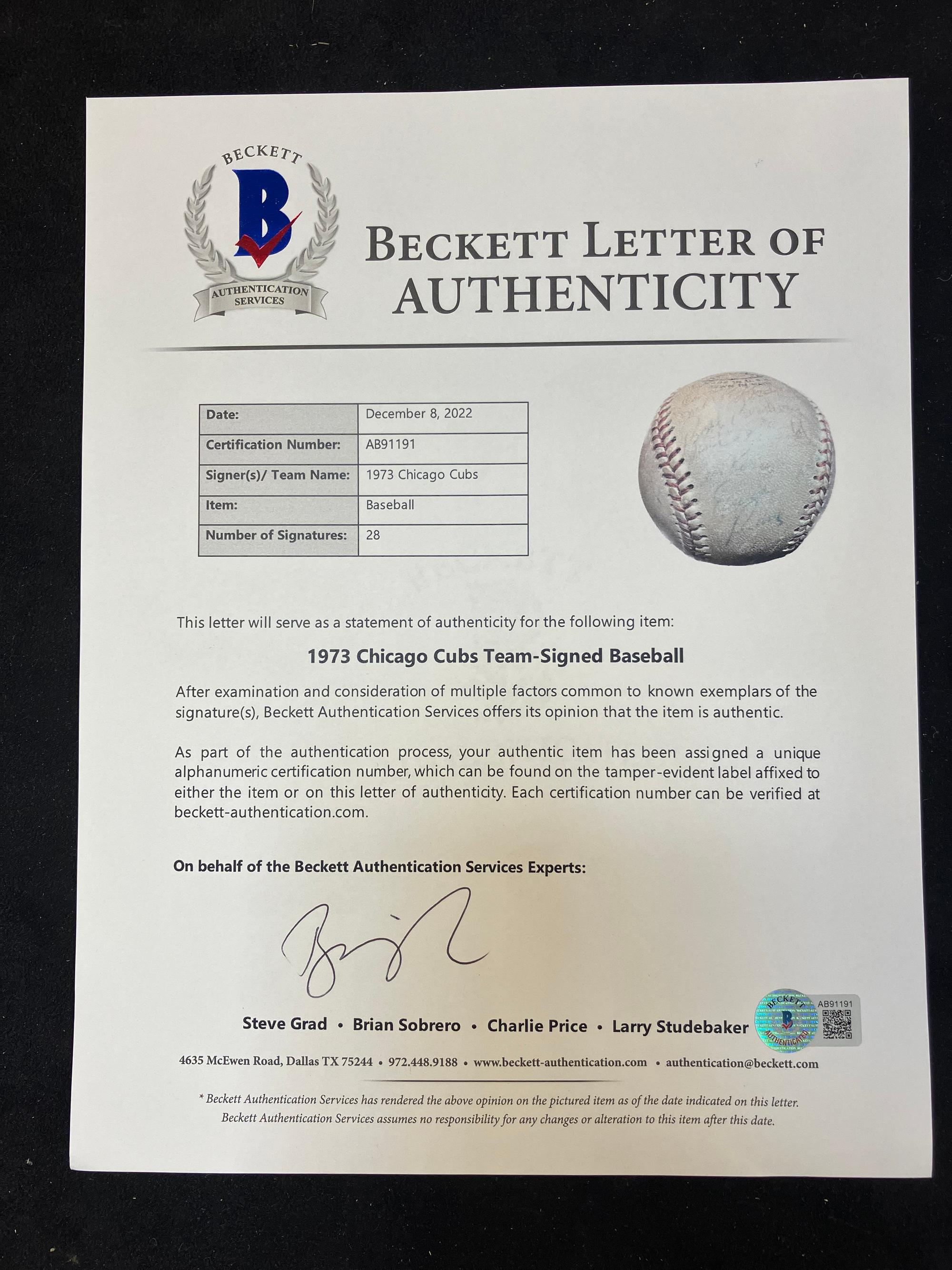 A Group of Chicago Cubs Hall of Fame Signed Autograph Baseballs and a 1973 Team Signed Baseball (Beckett Authentication Services Certified),