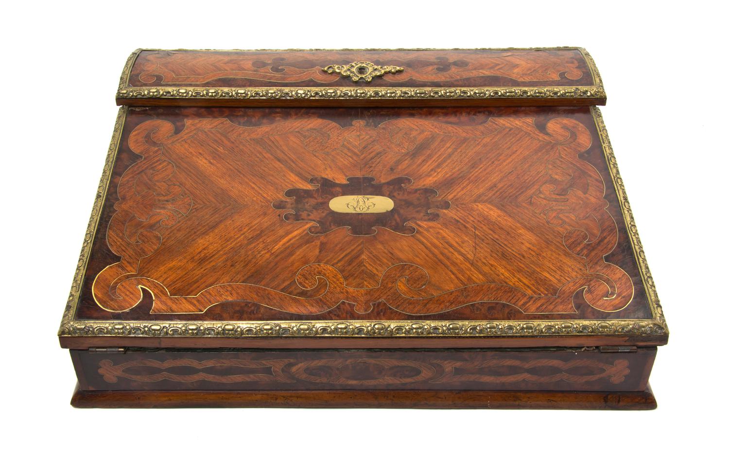 A Continental Marquetry and Gilt Metal Mounted Lap Desk, Width 14 1/4 inches.