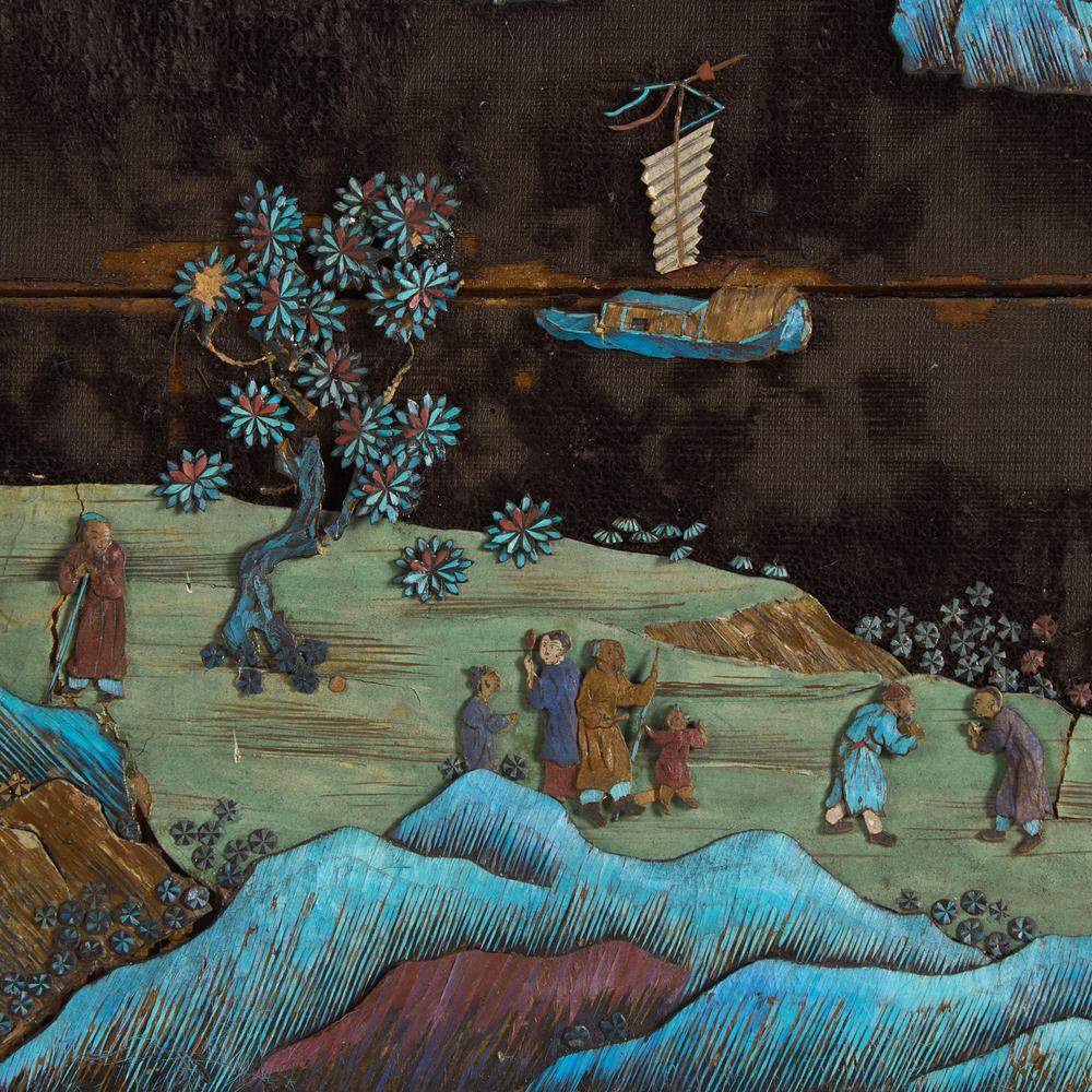 A Chinese Kingfisher Feather Embellished and Zitan Veneer 'Landscape' Wall Panel, 19th Century