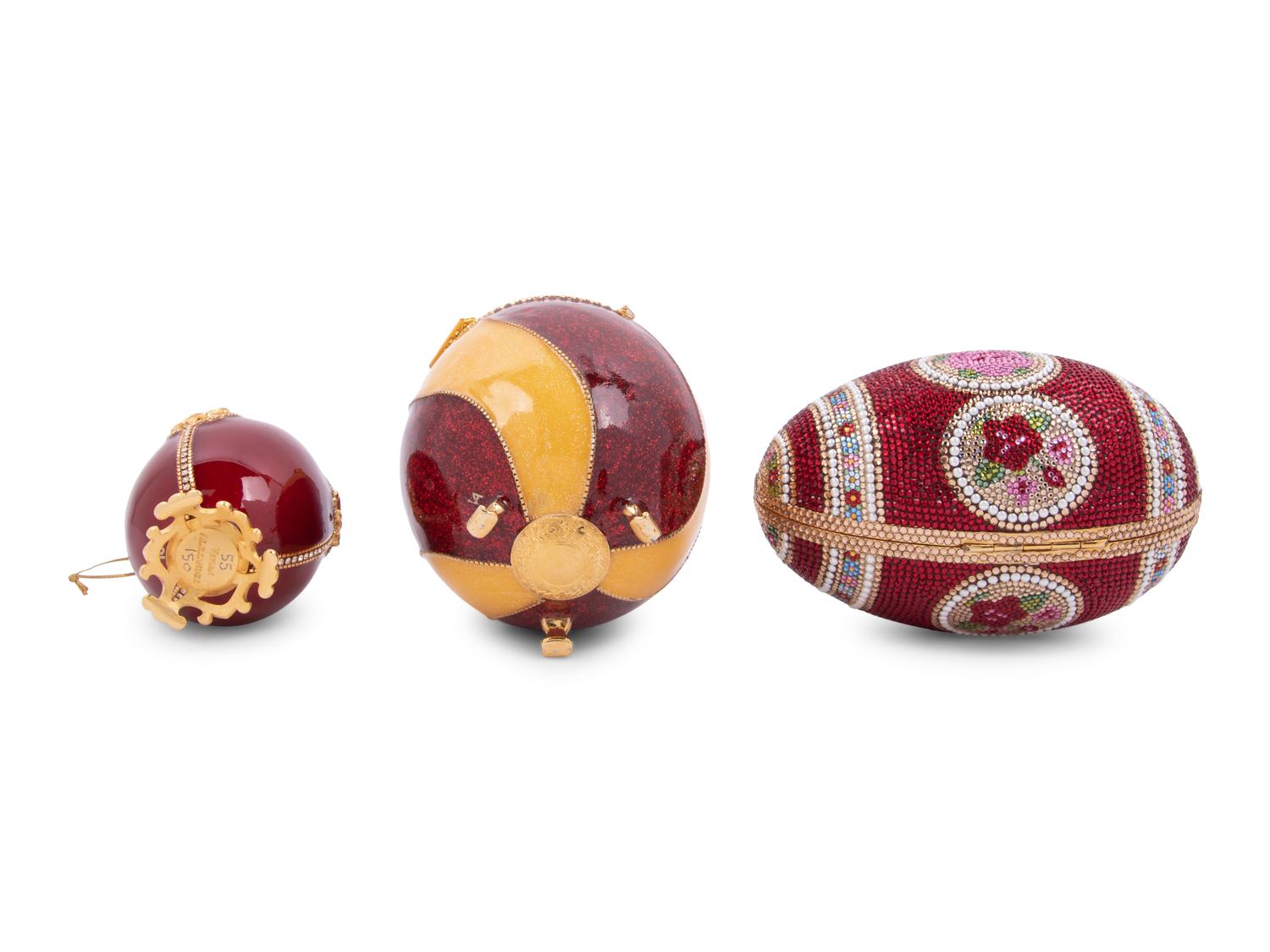 Three Egg Shaped Accessories: One Judith Leiber Fabergé Egg Minaudière, One Vivian Alexander Bag, and One Ornament