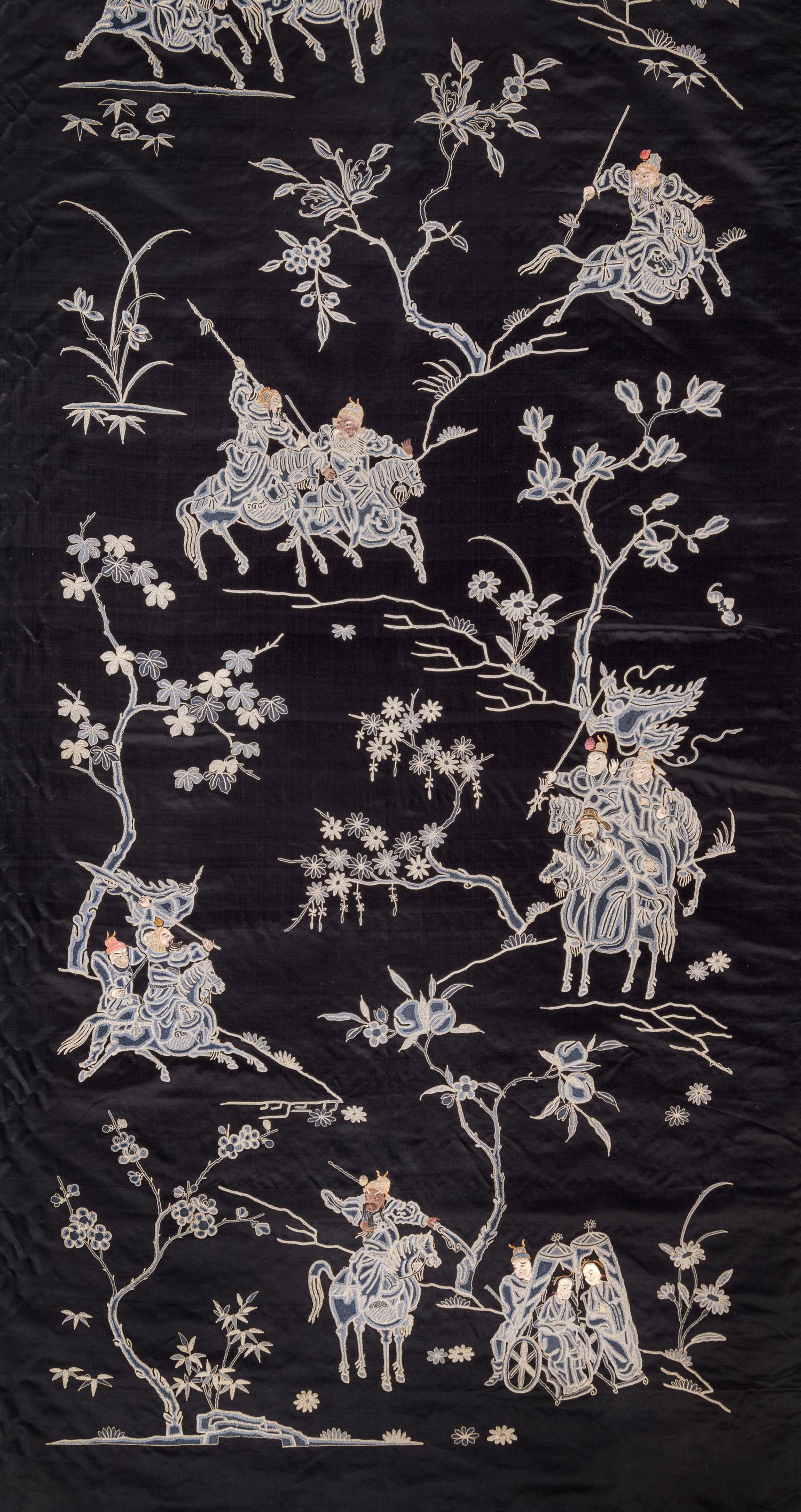 A Pair of Blue Ground Embroidered Silk 'Warriors' Panels