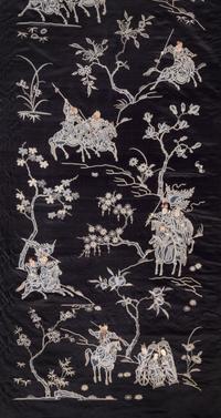 A Pair of Blue Ground Embroidered Silk 'Warriors' Panels