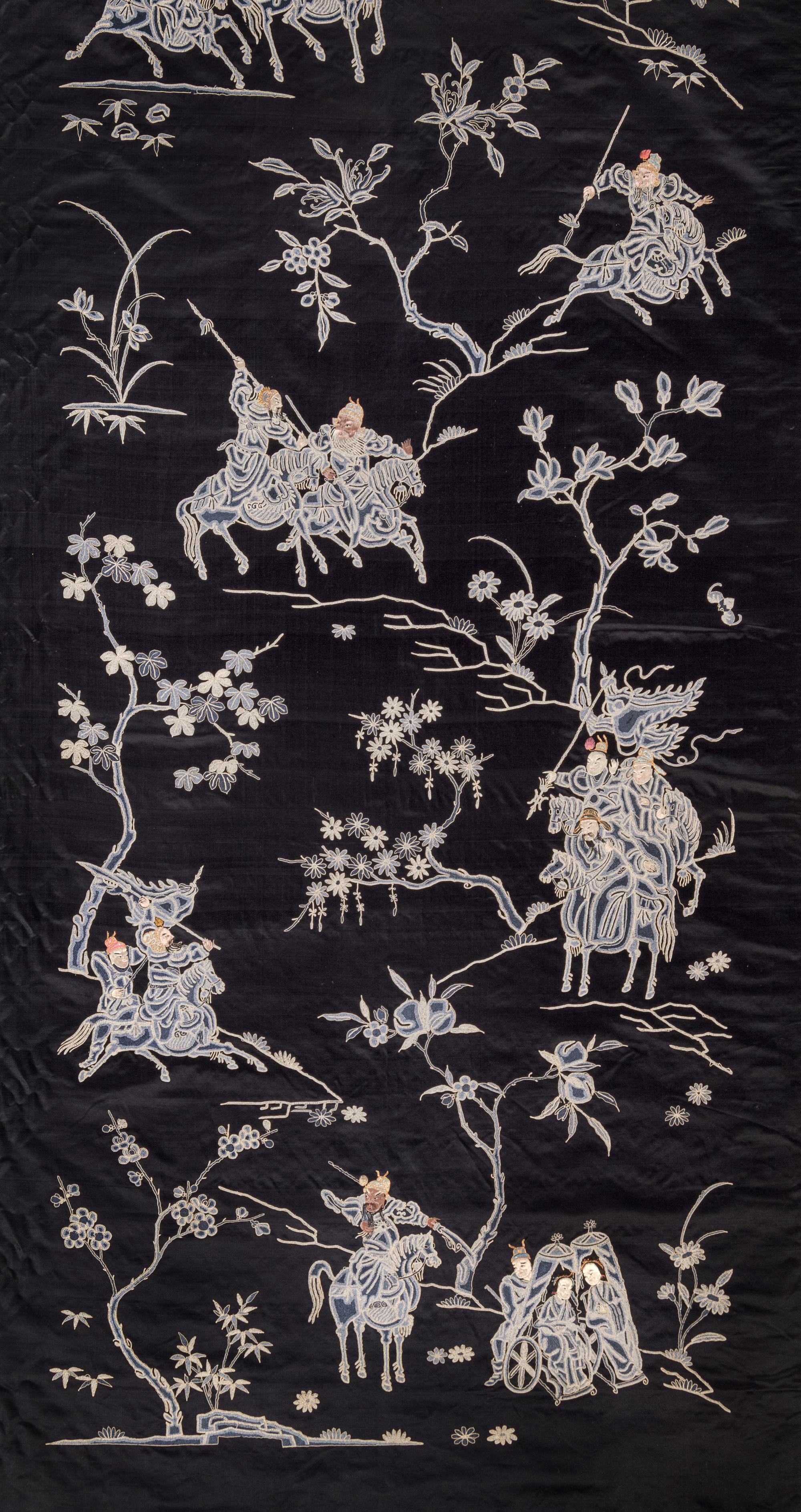 A Pair of Blue Ground Embroidered Silk 'Warriors' Panels