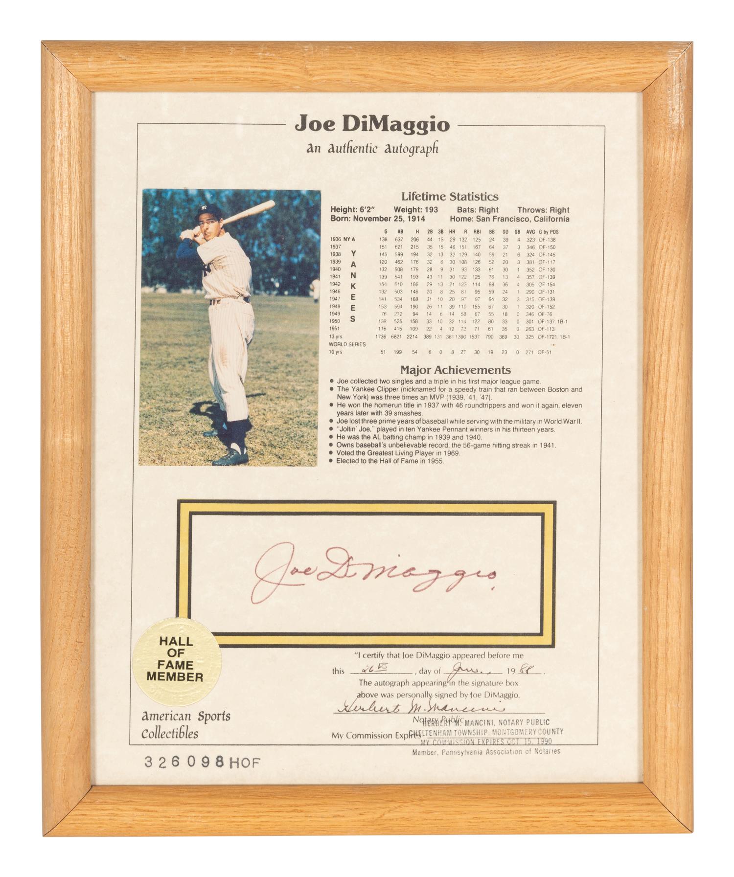 A Joe DiMaggio Signed Autograph Career Statistics Display (Beckett Authentication Services Letter BAS Certified),