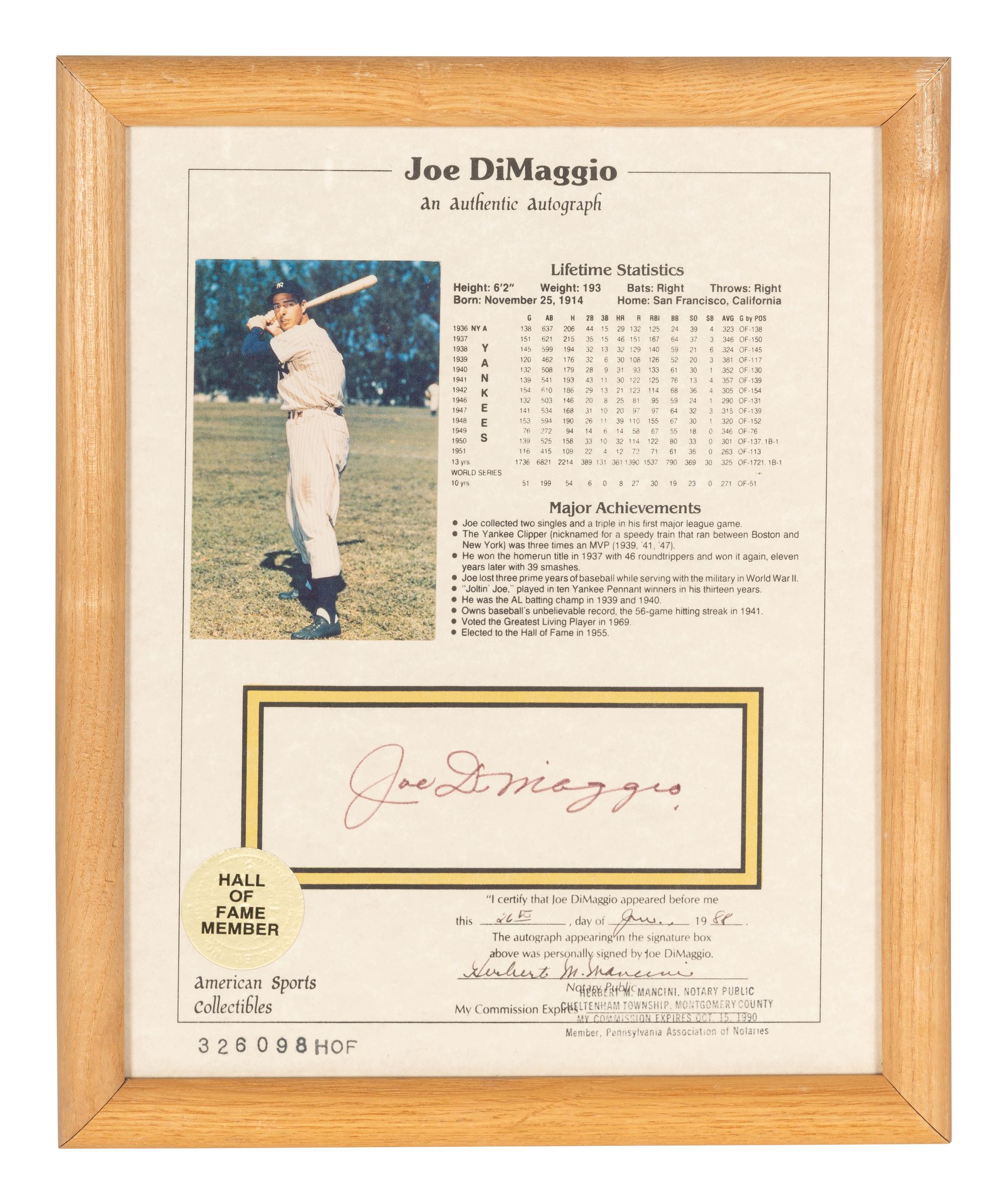A Joe DiMaggio Signed Autograph Career Statistics Display (Beckett Authentication Services Letter BAS Certified),