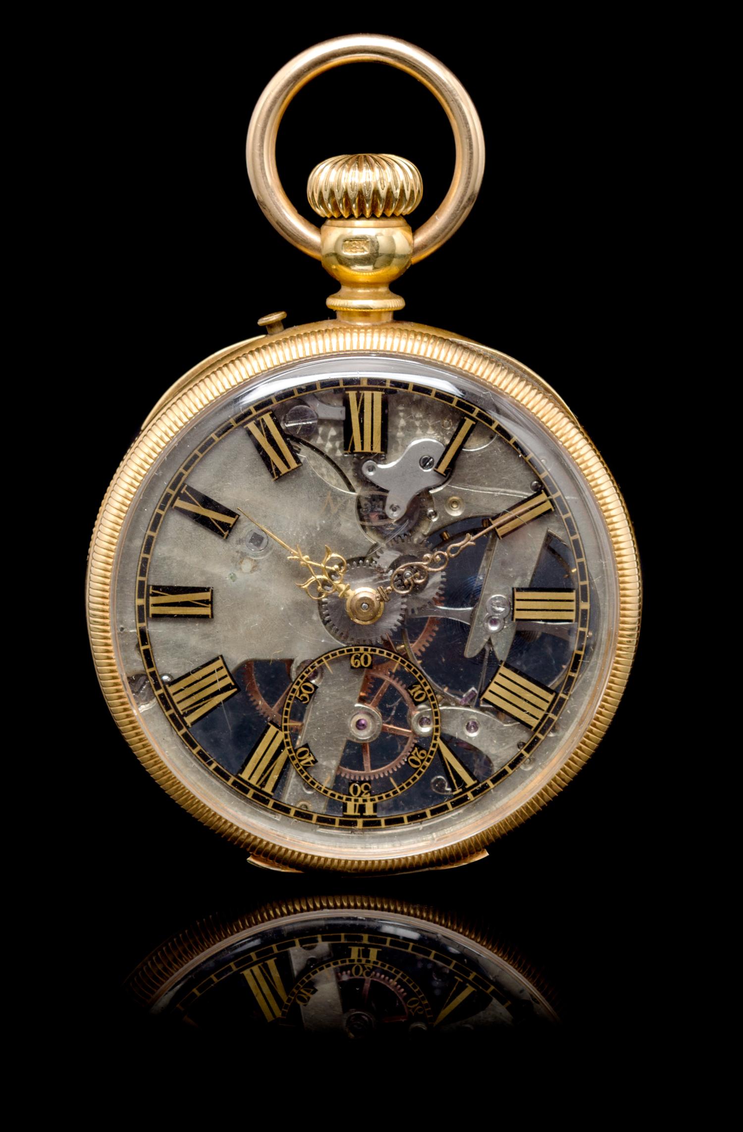 An 18 Karat Yellow Gold Skeletonized Pocket Watch,