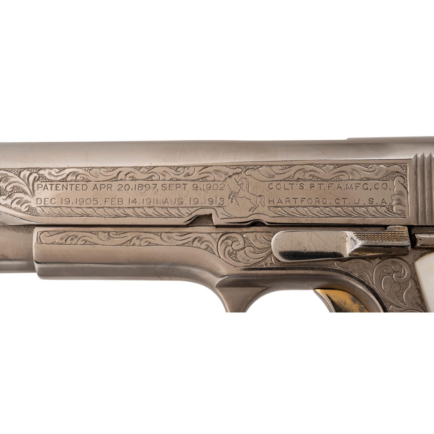 ** Engraved and Refinished Nickel Plated Colt US Model 1911 Pistol with Pearl Grips