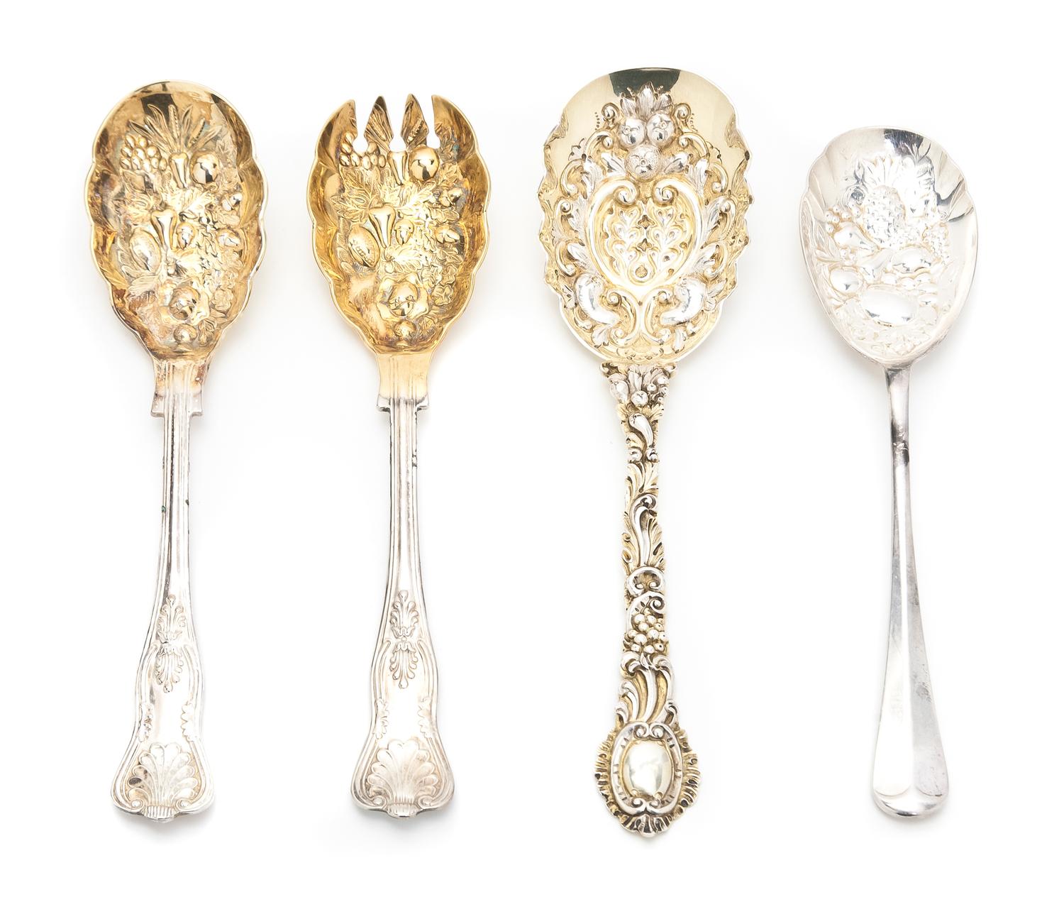 A Collection of English and Scottish Silver Table Articles, 19th Century, comprising a set of four English silver-gilt berry spoons, Ch