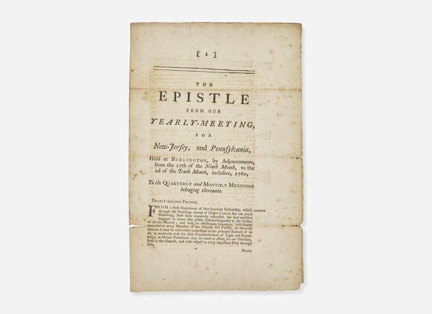 [Americana] [Franklin, Benjamin] Smith, John: The Epistle From Our Yearly-Meeting, for New-Jersey, and Pennsylvania...from the 27th of the Ninth Month, to the 2d of the Tenth Month, inclusive, 1760...