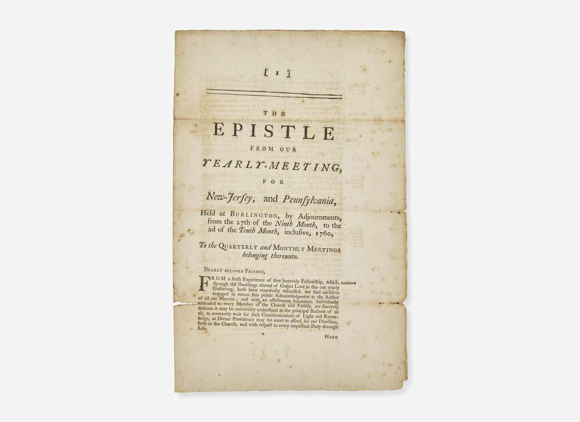 [Americana] [Franklin, Benjamin] Smith, John: The Epistle From Our Yearly-Meeting, for New-Jersey, and Pennsylvania...from the 27th of the Ninth Month, to the 2d of the Tenth Month, inclusive, 1760...