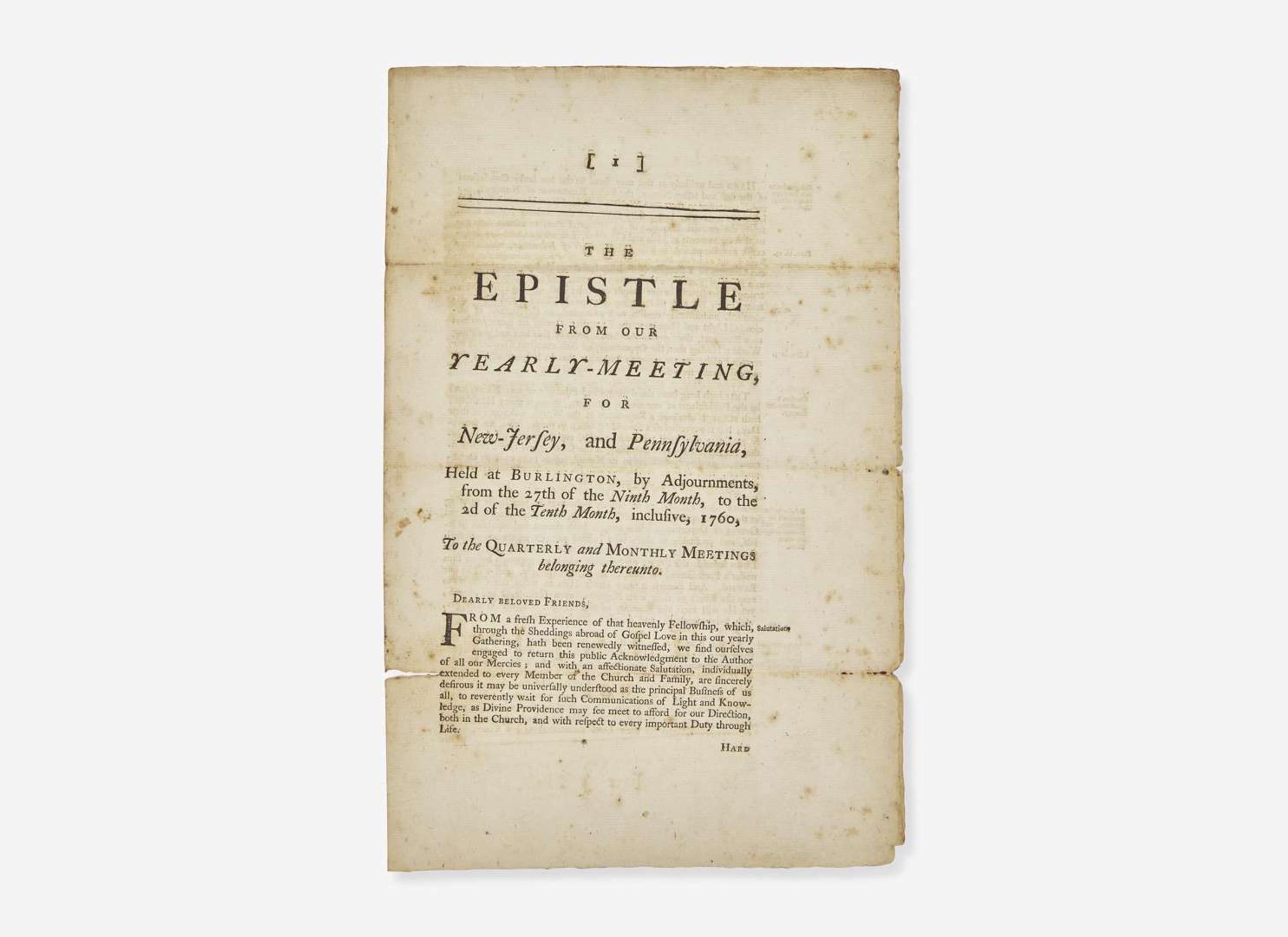 [Americana] [Franklin, Benjamin] Smith, John: The Epistle From Our Yearly-Meeting, for New-Jersey, and Pennsylvania...from the 27th of the Ninth Month, to the 2d of the Tenth Month, inclusive, 1760...