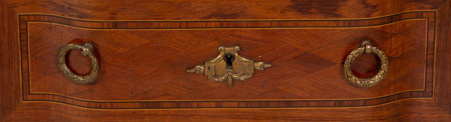 A Pair of Louis XV/XVI Transitional Style Gilt Metal Mounted Marquetry Marble-Top Side Tables