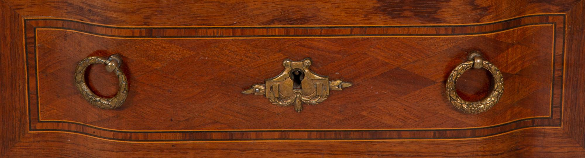 A Pair of Louis XV/XVI Transitional Style Gilt Metal Mounted Marquetry Marble-Top Side Tables