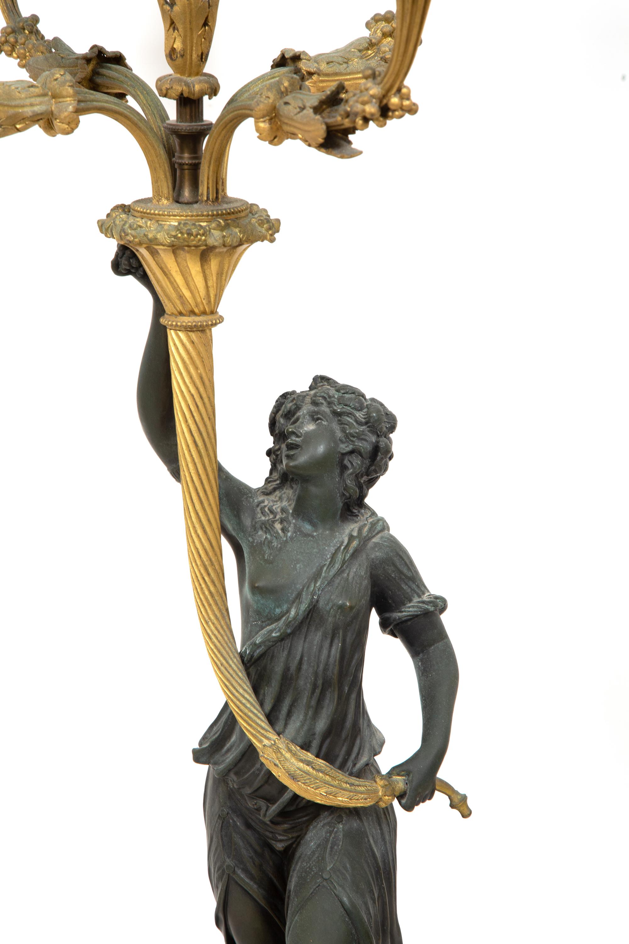A Pair of Louis XVI Style Gilt and Patinated Bronze Figural Candelabra