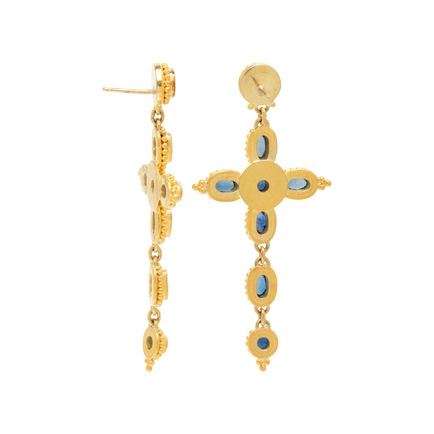 YELLOW GOLD AND SAPPHIRE CROSS EARRINGS