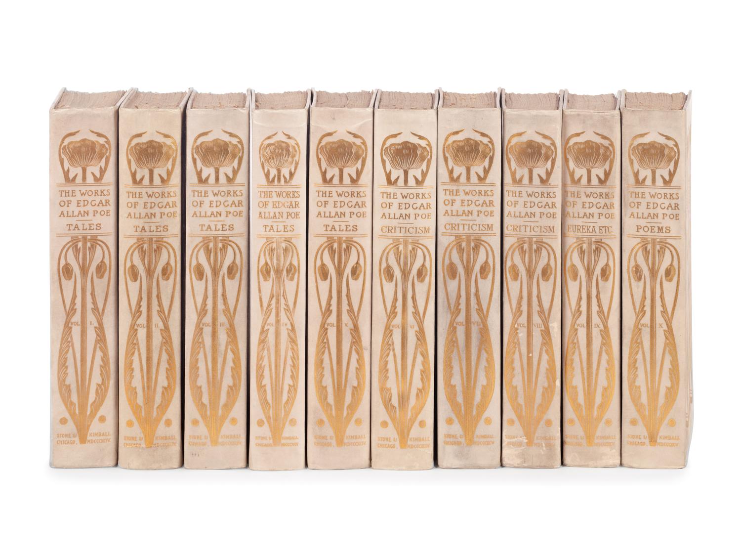[BINDINGS]. POE, Edgar Allan (1809-1849). Works . Edmund Clarence Stedman and George Edward Woodberry, editors. Chicago: Stone & Kimball, 1894-1895.