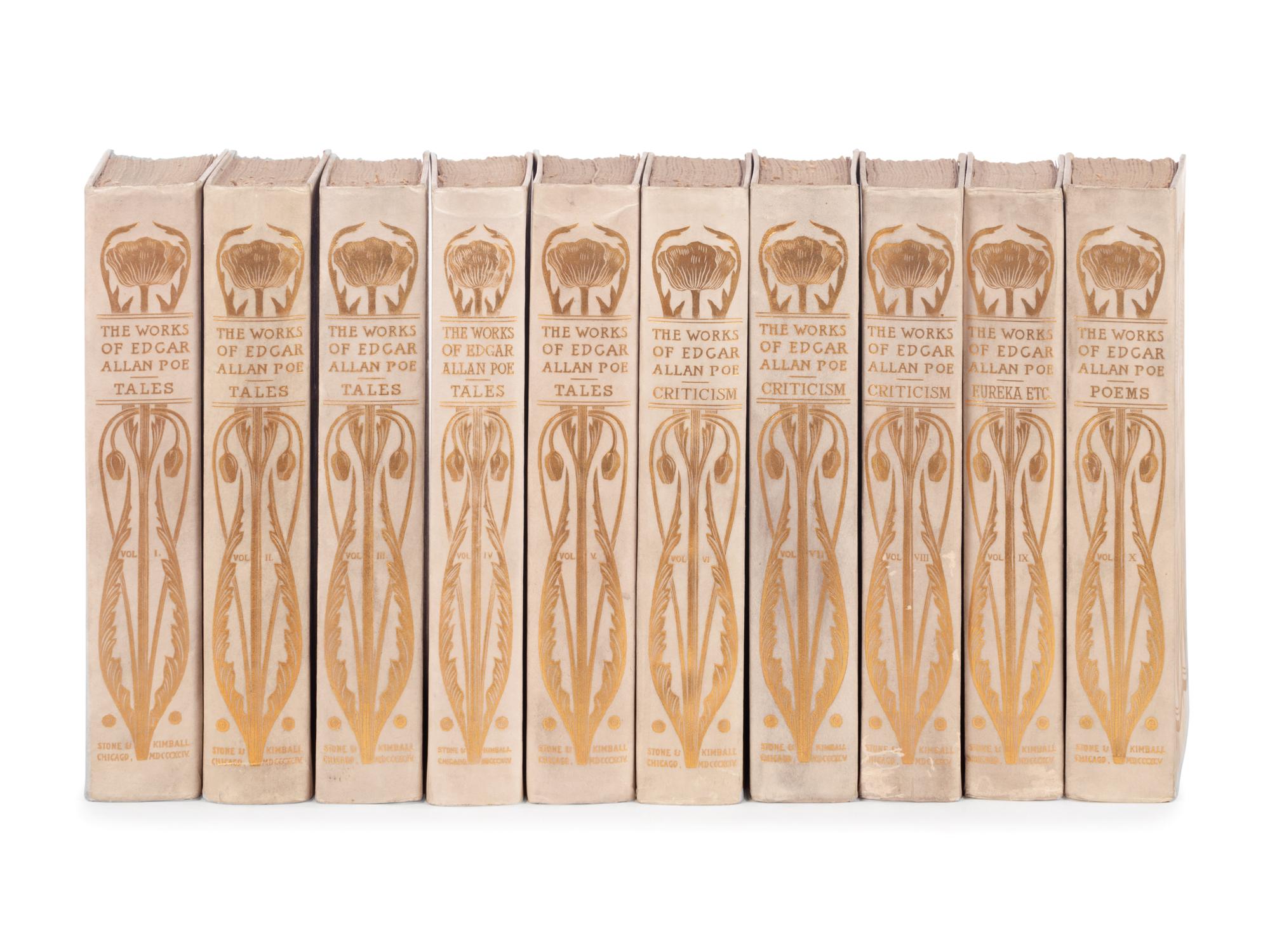 [BINDINGS]. POE, Edgar Allan (1809-1849). Works . Edmund Clarence Stedman and George Edward Woodberry, editors. Chicago: Stone & Kimball, 1894-1895.