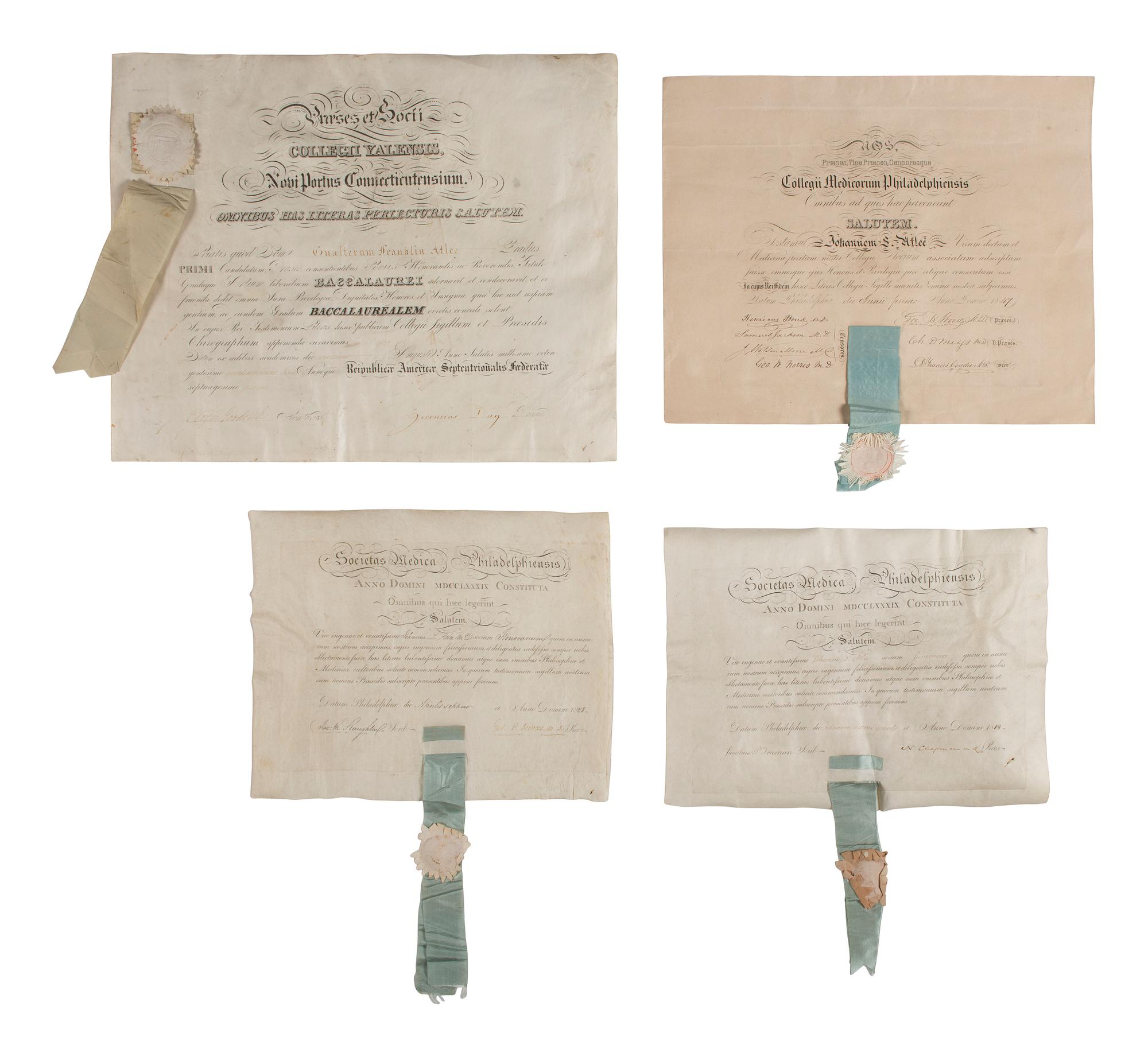 [MEDICINE]. Diplomas from the Atlee family, prominent Pennsylvania doctors and medical innovators.