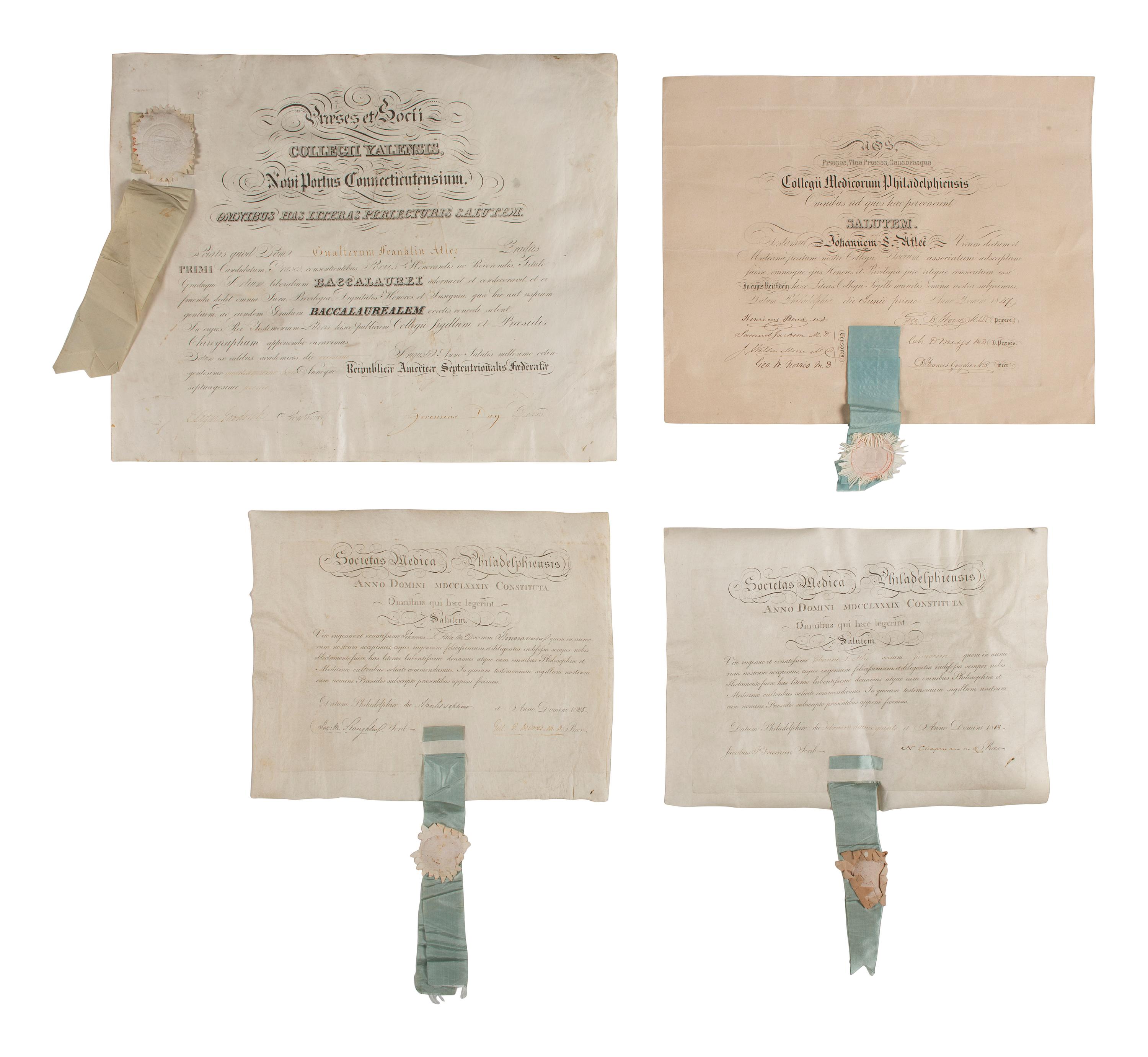 [MEDICINE]. Diplomas from the Atlee family, prominent Pennsylvania doctors and medical innovators.