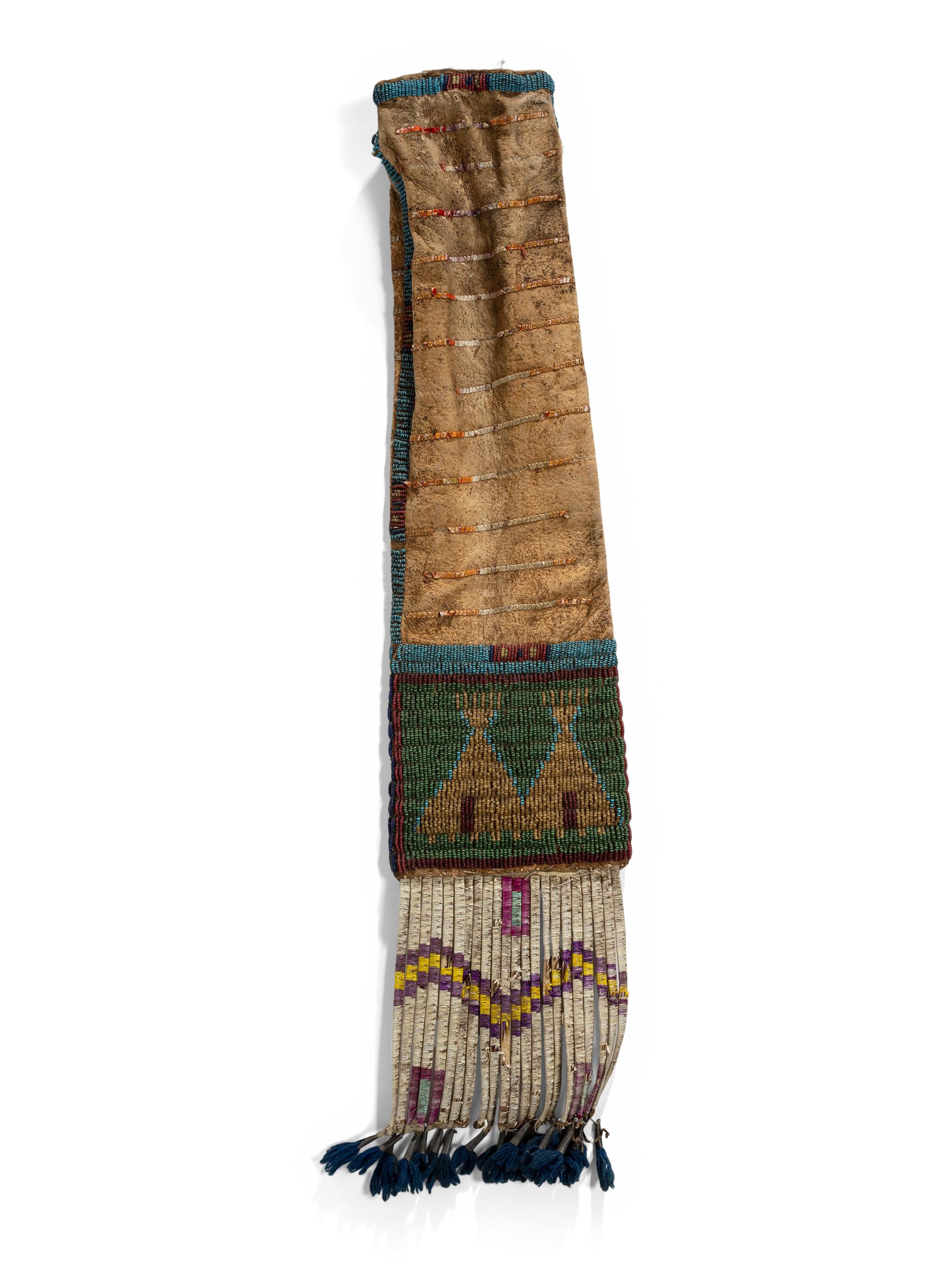 Sioux Beaded and Quilled Hide Tobacco Bag, with Heartline Deer and Tipis